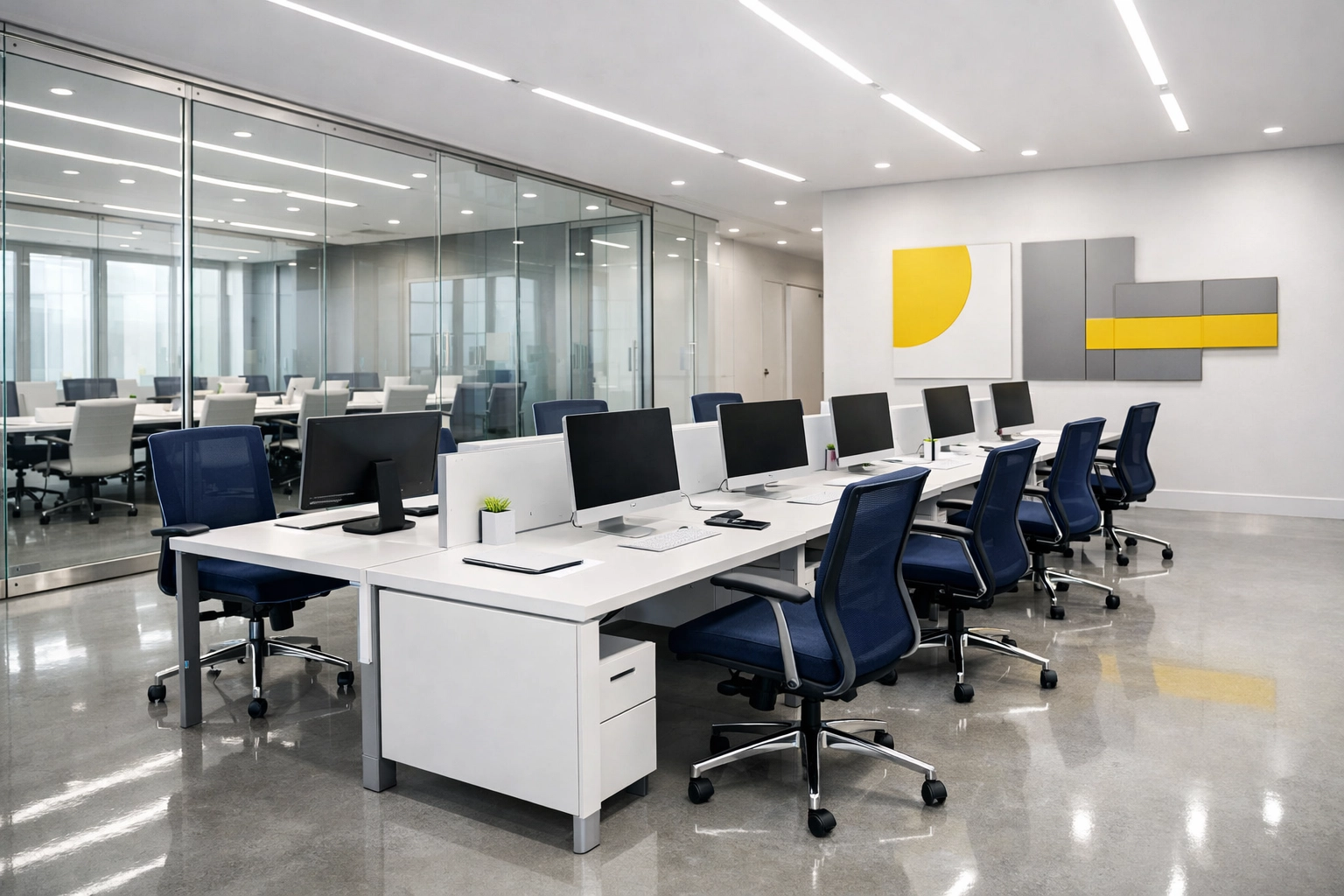 Impeccably clean corporate office in Medway with streak-free glass and organized professional workstations.