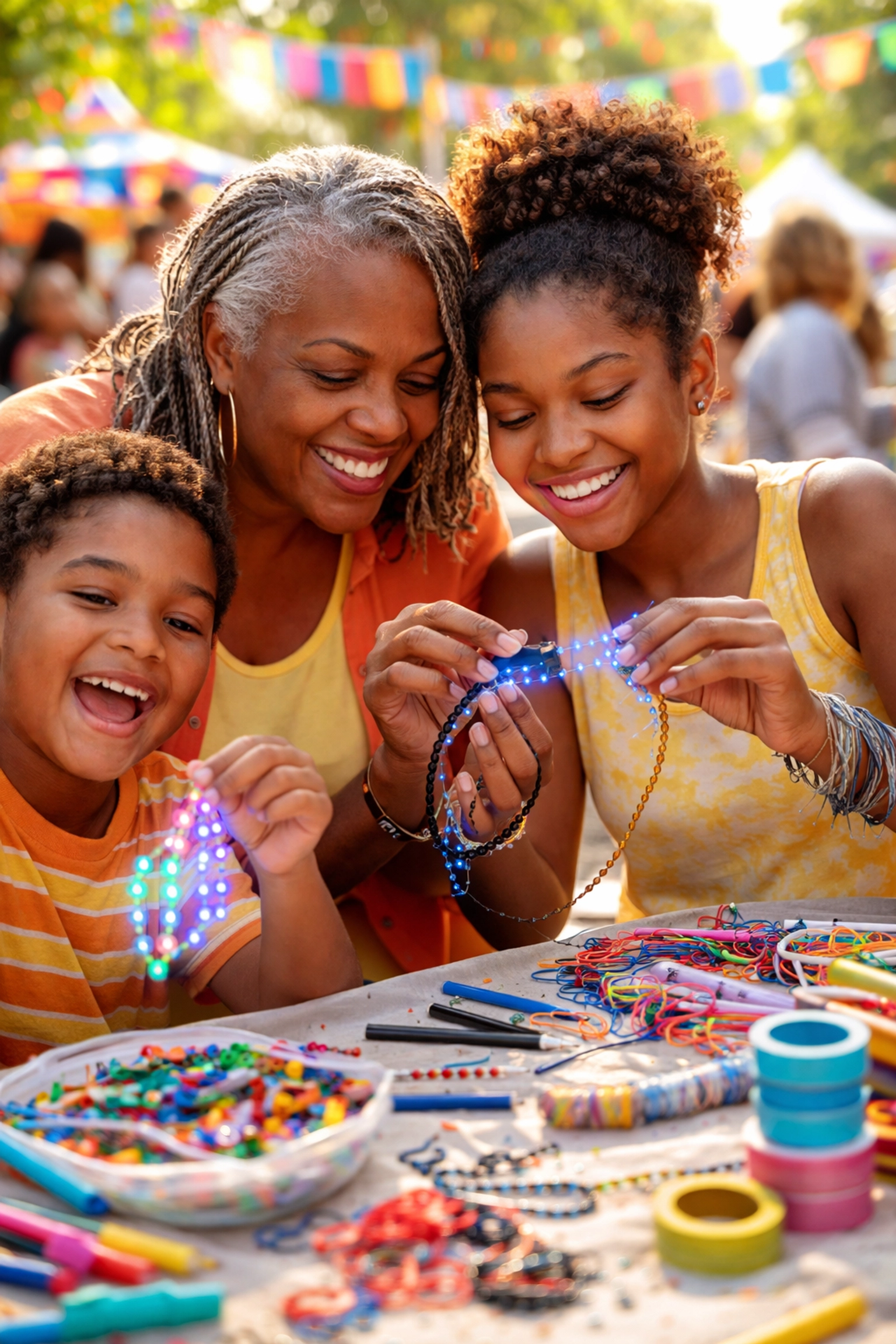 A multigenerational family joyfully creating LED jewelry together at a creative workshop during the Dallas STEAM Festival.