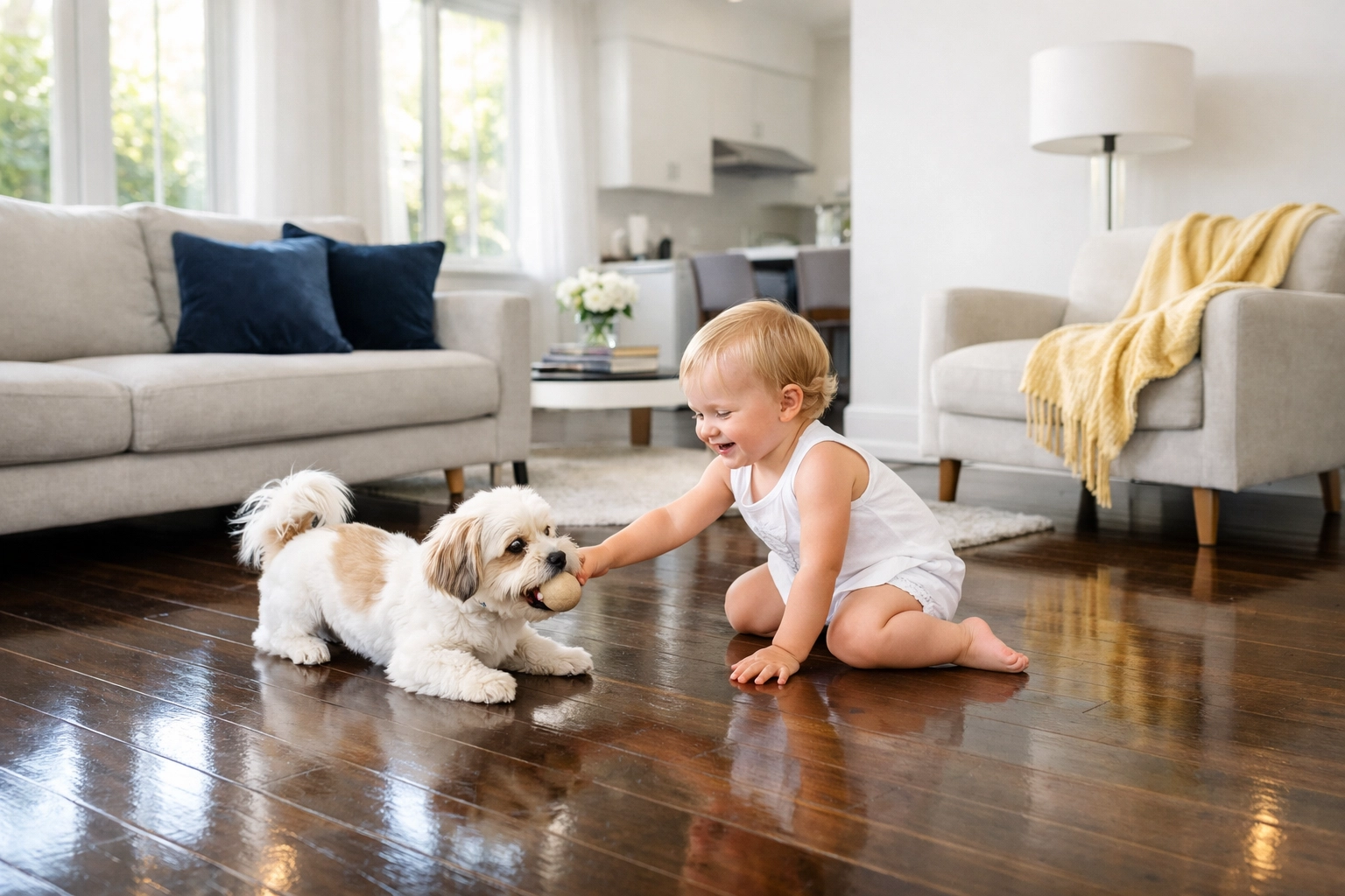 Safe, non-toxic hardwood floors in an Acton home perfect for kids and pets playing.