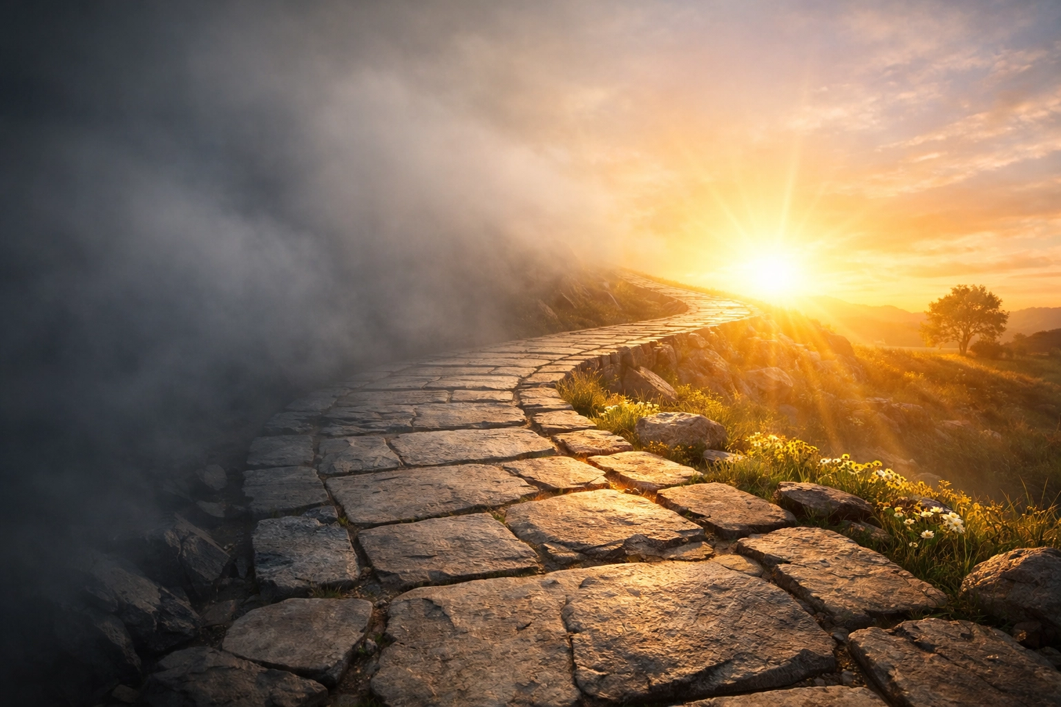 A stone path leading out of fog toward a bright sunrise, representing a journey of healing and grace.