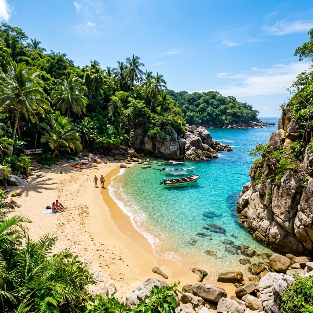 A hidden tropical beach cove called Colomitos with turquoise water and golden sand surrounded by jungle.