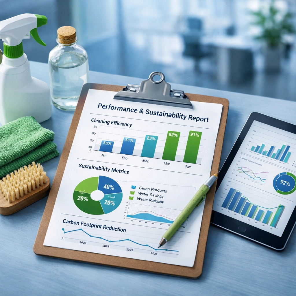Performance monitoring dashboard with eco-friendly janitorial supplies and sustainability metrics