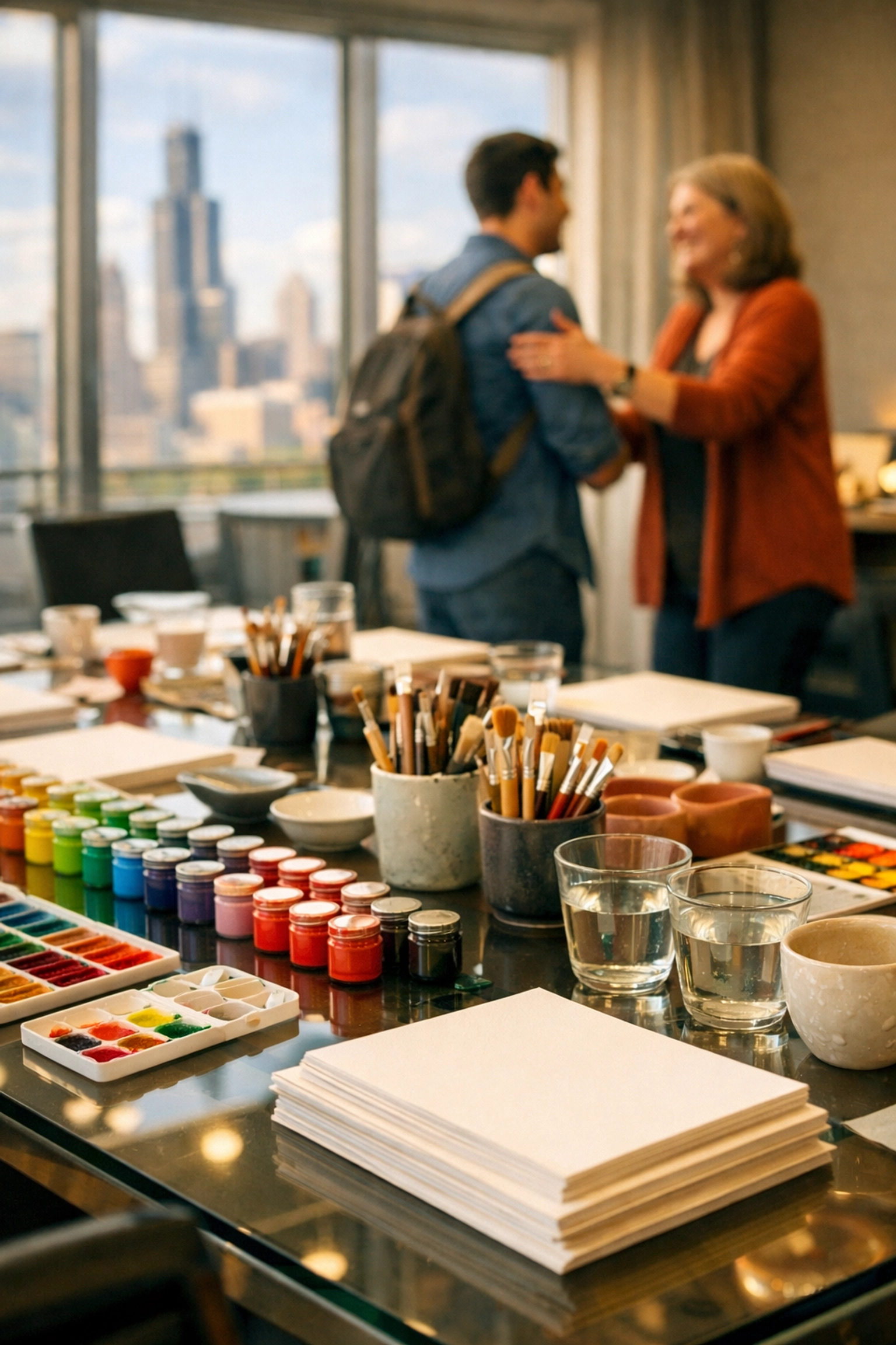Professional art supplies arranged for a corporate creative workshop in a Chicago boardroom.
