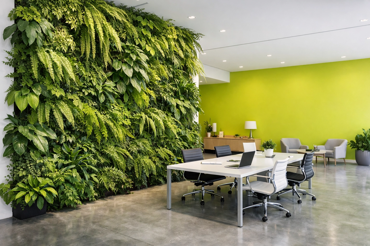 Modern office with a lush vertical garden wall, representing a flourishing culture of team development.