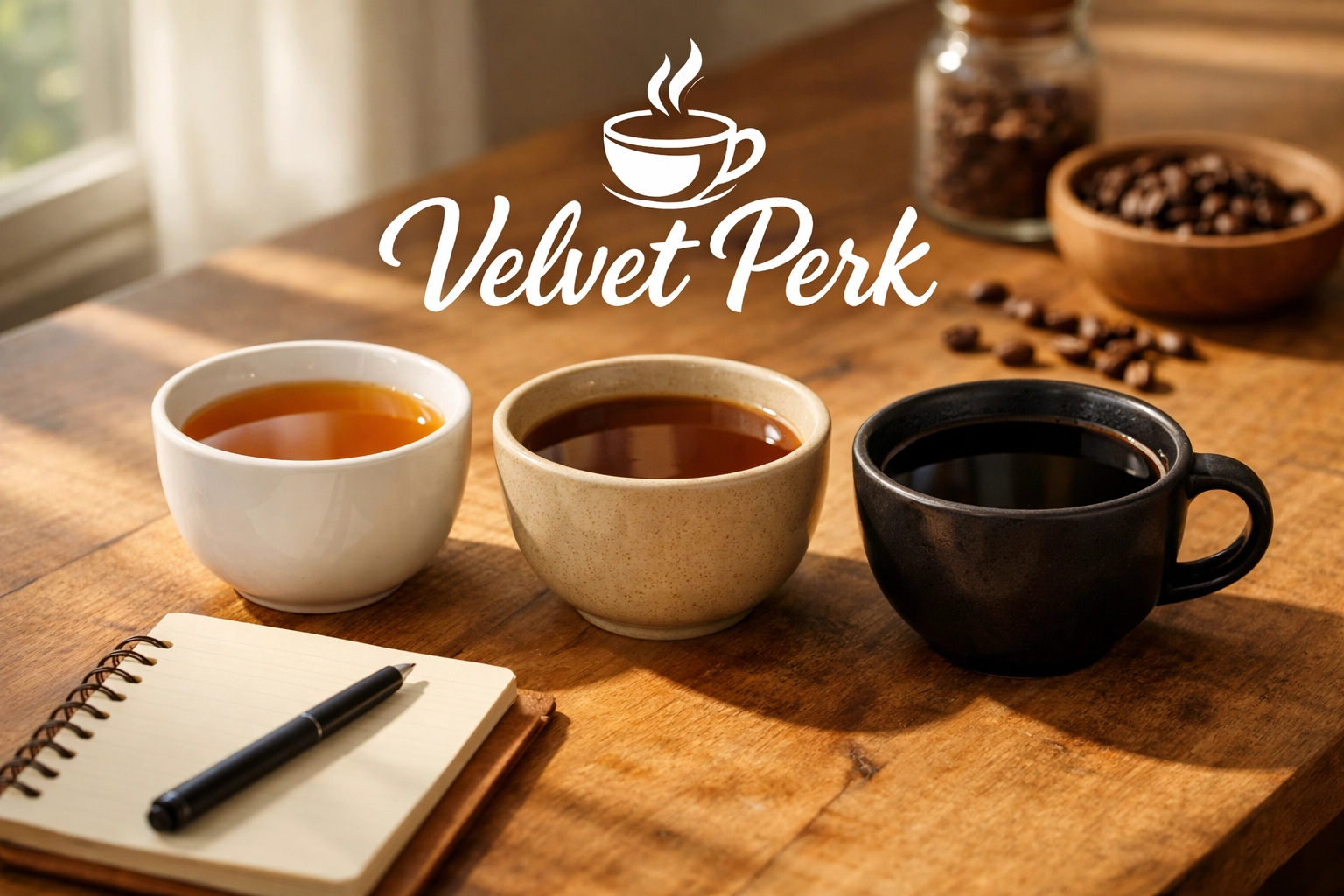 Coffee roast comparison tasting setup with light, medium, and dark roast cups on a wooden table