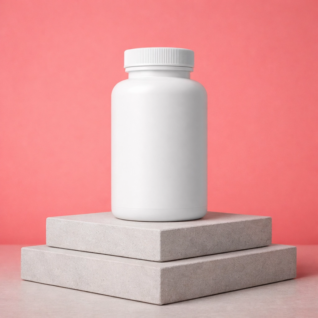 Professional-grade supplement bottle on a pedestal representing quality formulations for swimmer stamina.