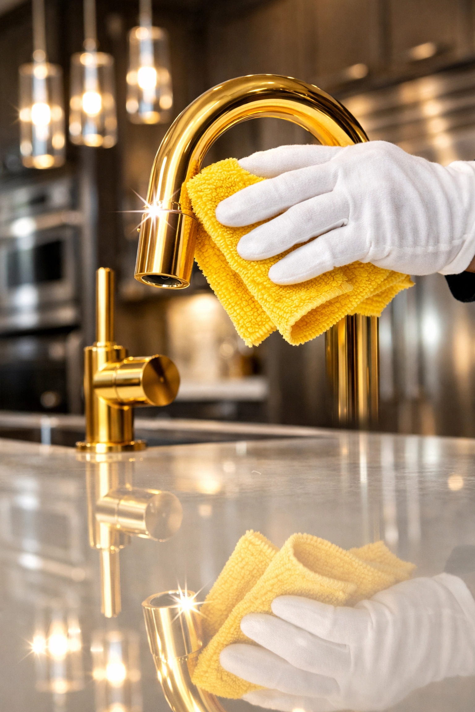 A detailed cleaner polishing a gold faucet in a high-end Tampa Bay kitchen after a final construction clean.