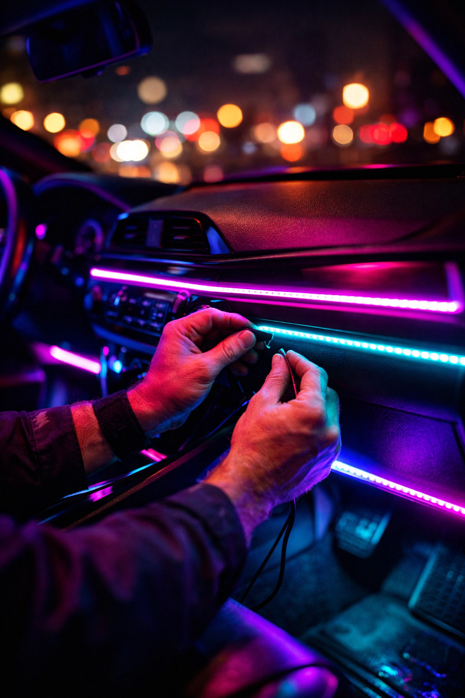 Professional automotive technician installing custom LED interior lighting in vehicle cabin