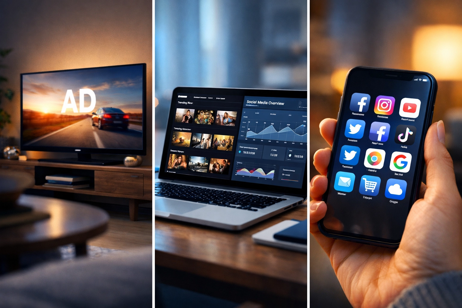 Multiple advertising channels including TV, streaming, and mobile devices for budget allocation