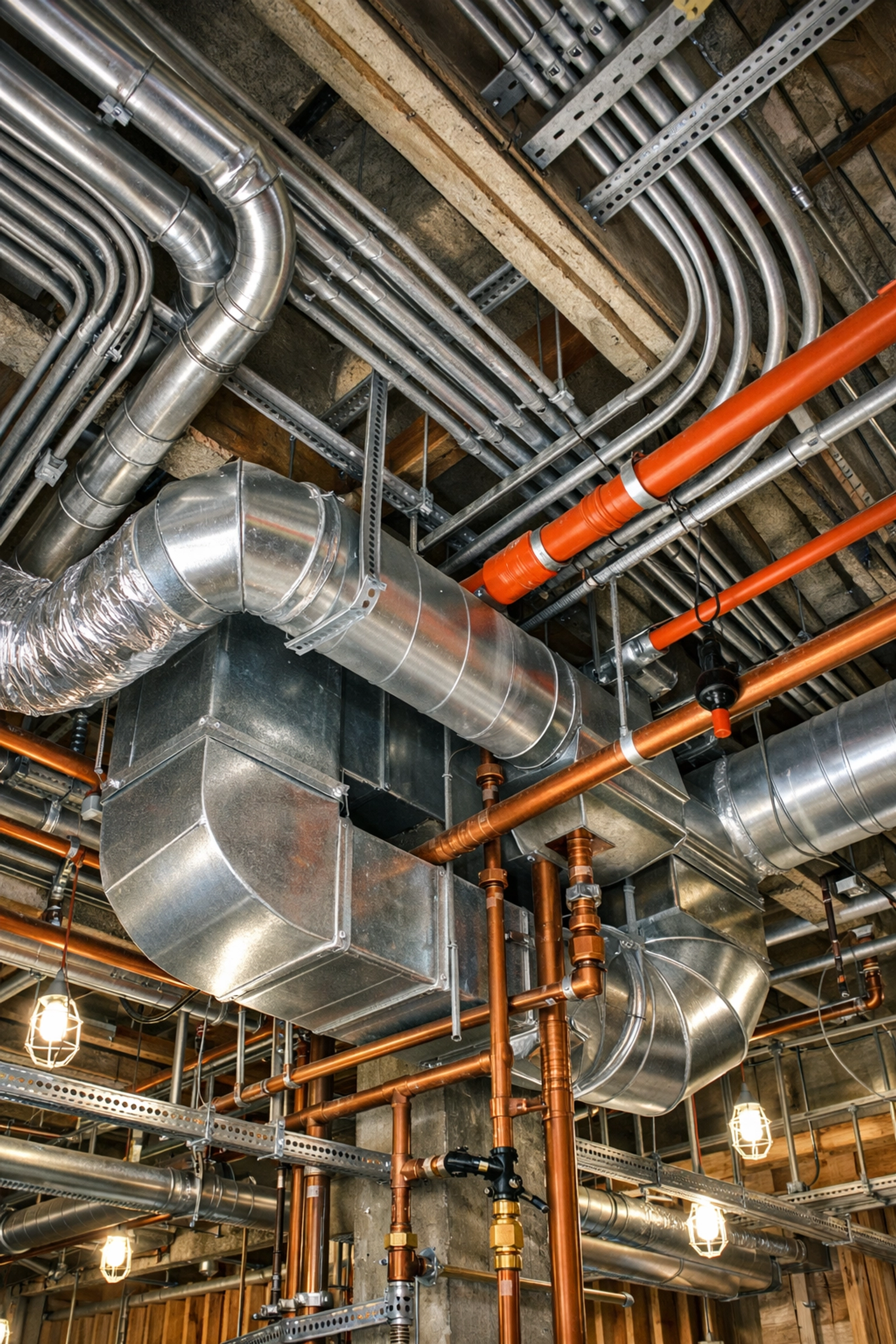 Exposed building infrastructure systems during commercial renovation including HVAC and plumbing