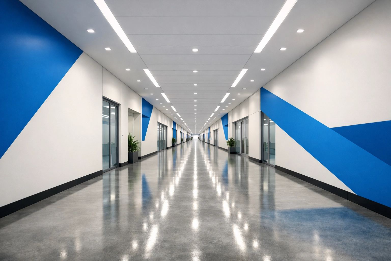 Immaculate corporate corridor in a Plymouth business park showing professional janitorial results.