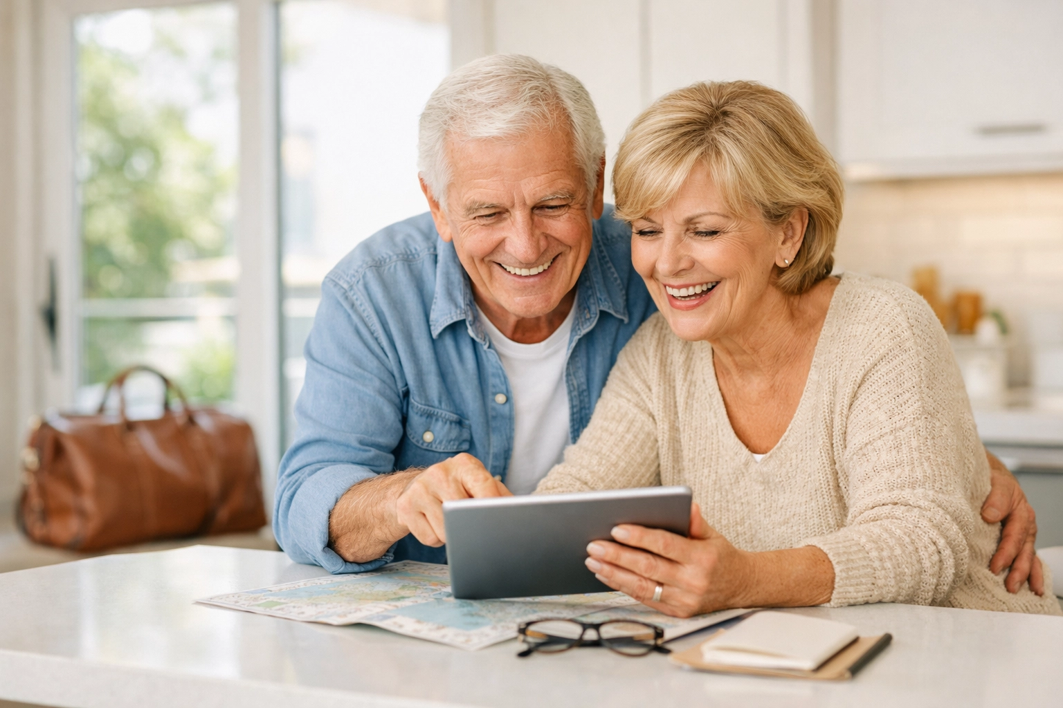 Senior couple planning their next trip from their modern kitchen in a Bucks County 55 plus home.