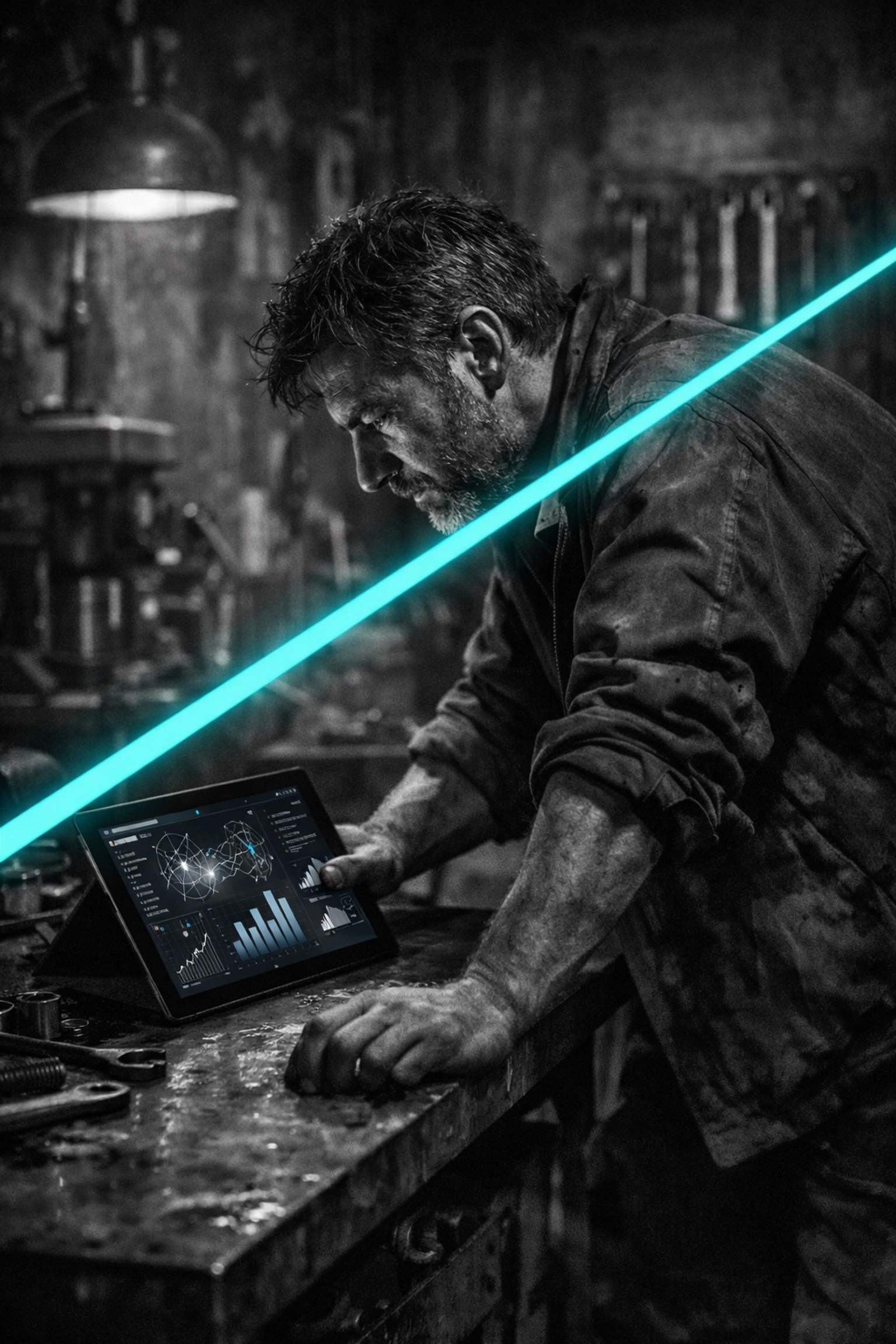 Business owner analyzing digital marketing data on a tablet to improve local AI search rankings for contractors.