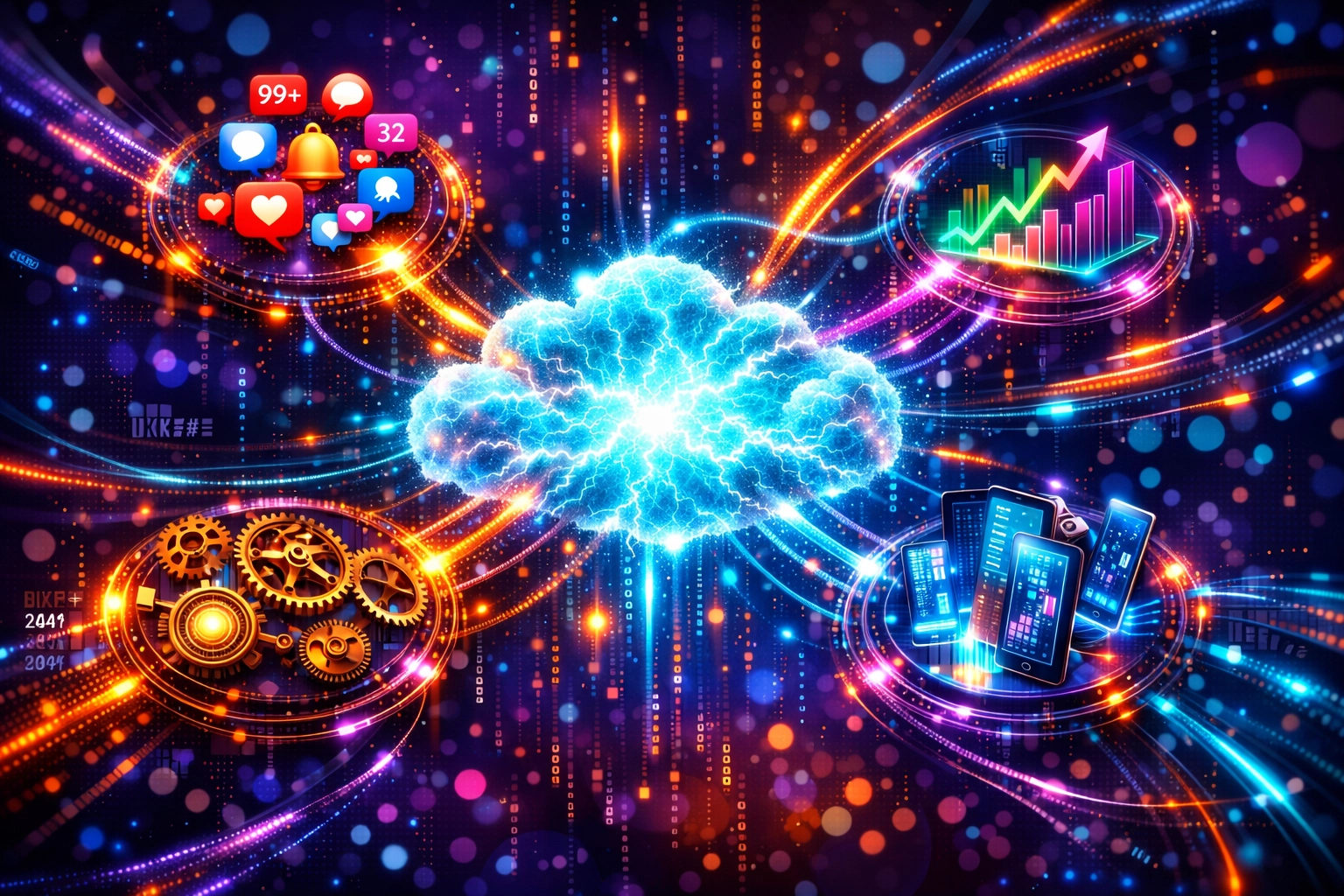 Traffic source ROI network diagram with central hub connecting to multiple marketing channels and social media nodes