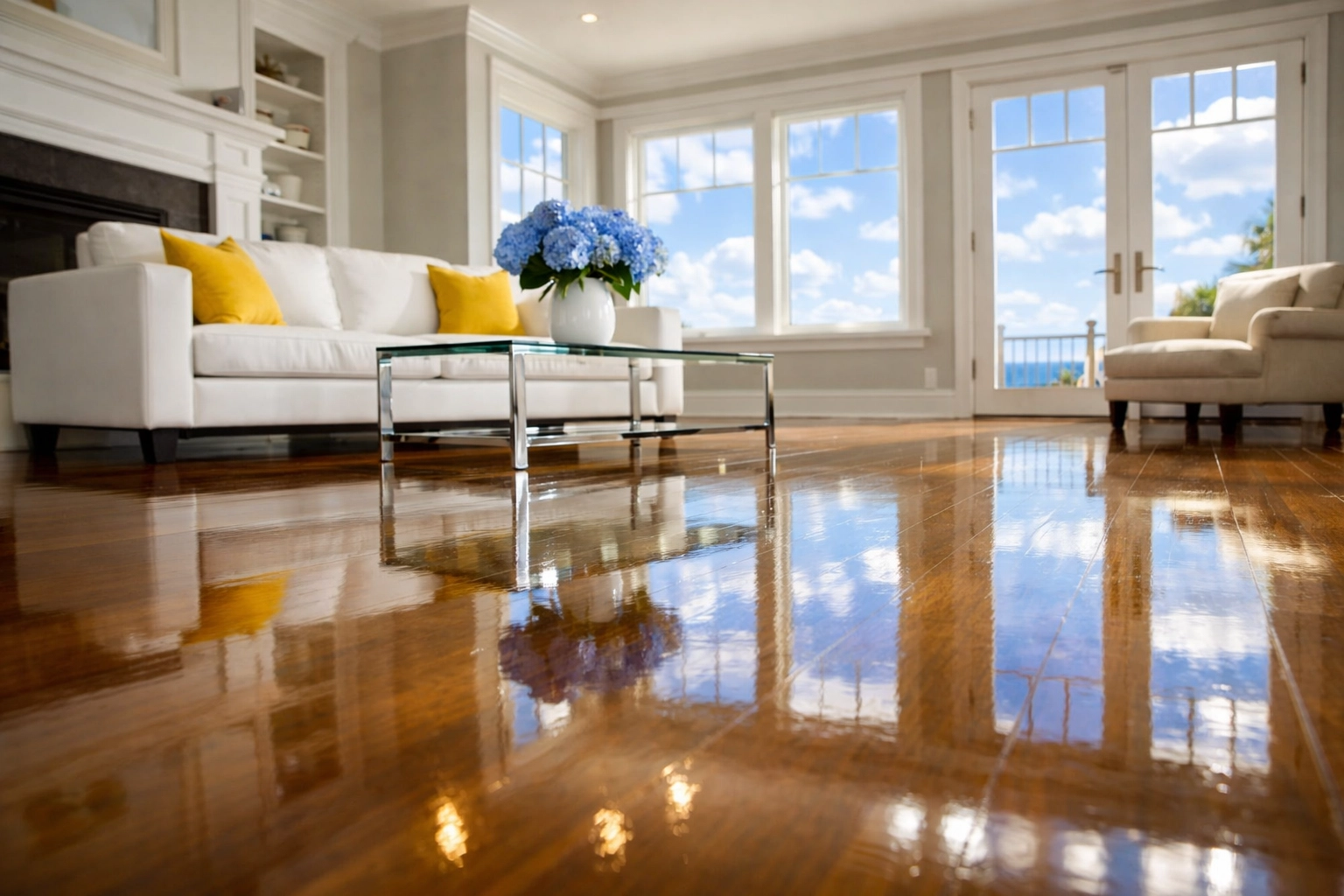 Spotless residential cleaning MA in a luxury living room with polished hardwood floors and zero clutter.