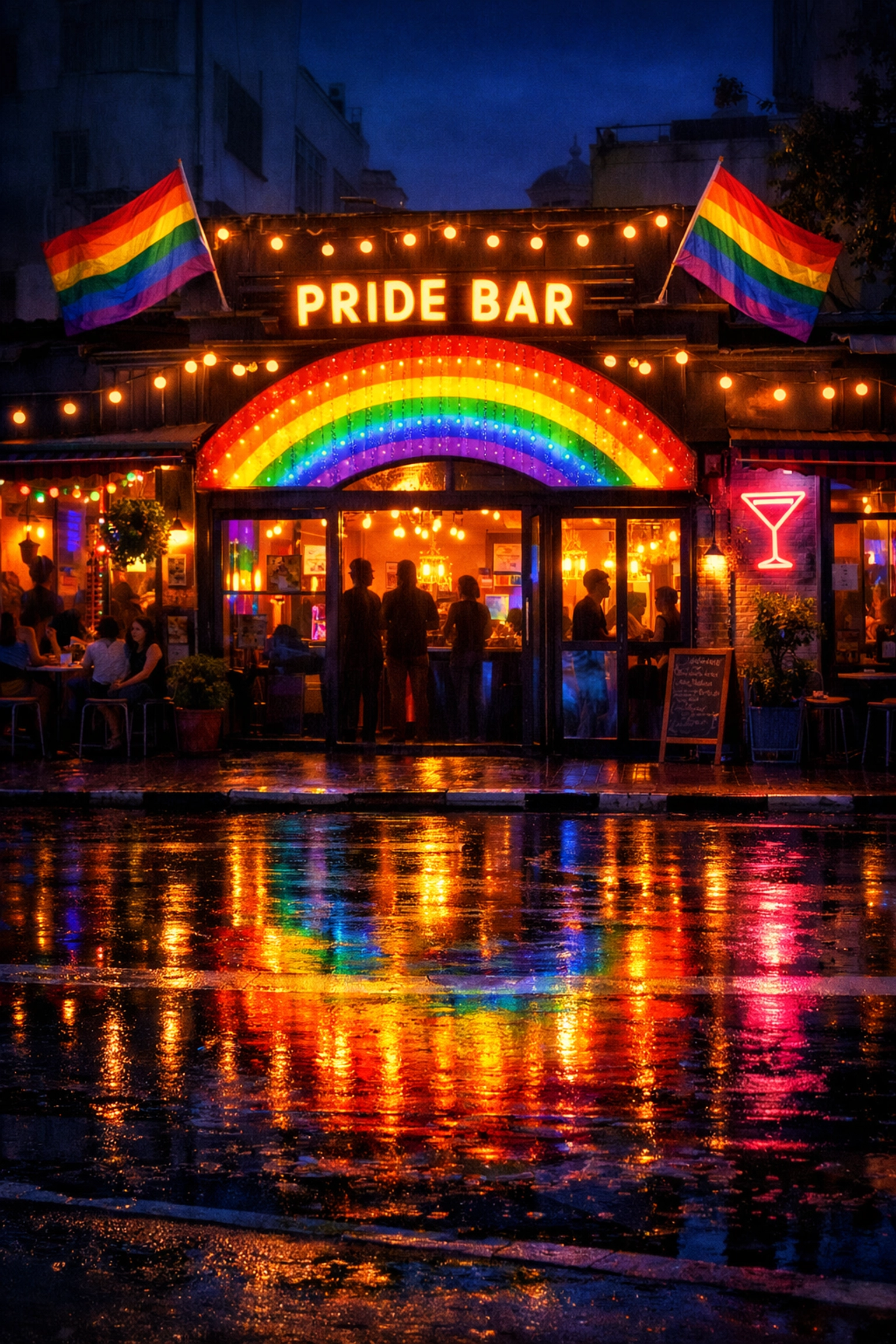 Tel Aviv LGBTQ+ bar entrance with rainbow lights welcoming queer community