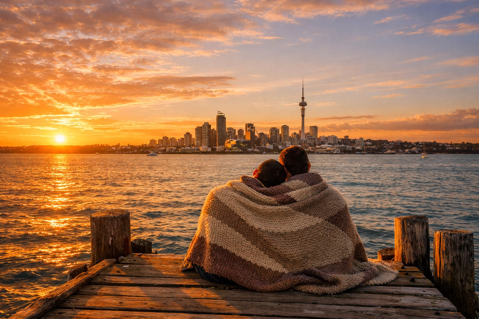 A gay couple watching the sunset over the Auckland harbor and Sky Tower, symbolizing queer storytelling.