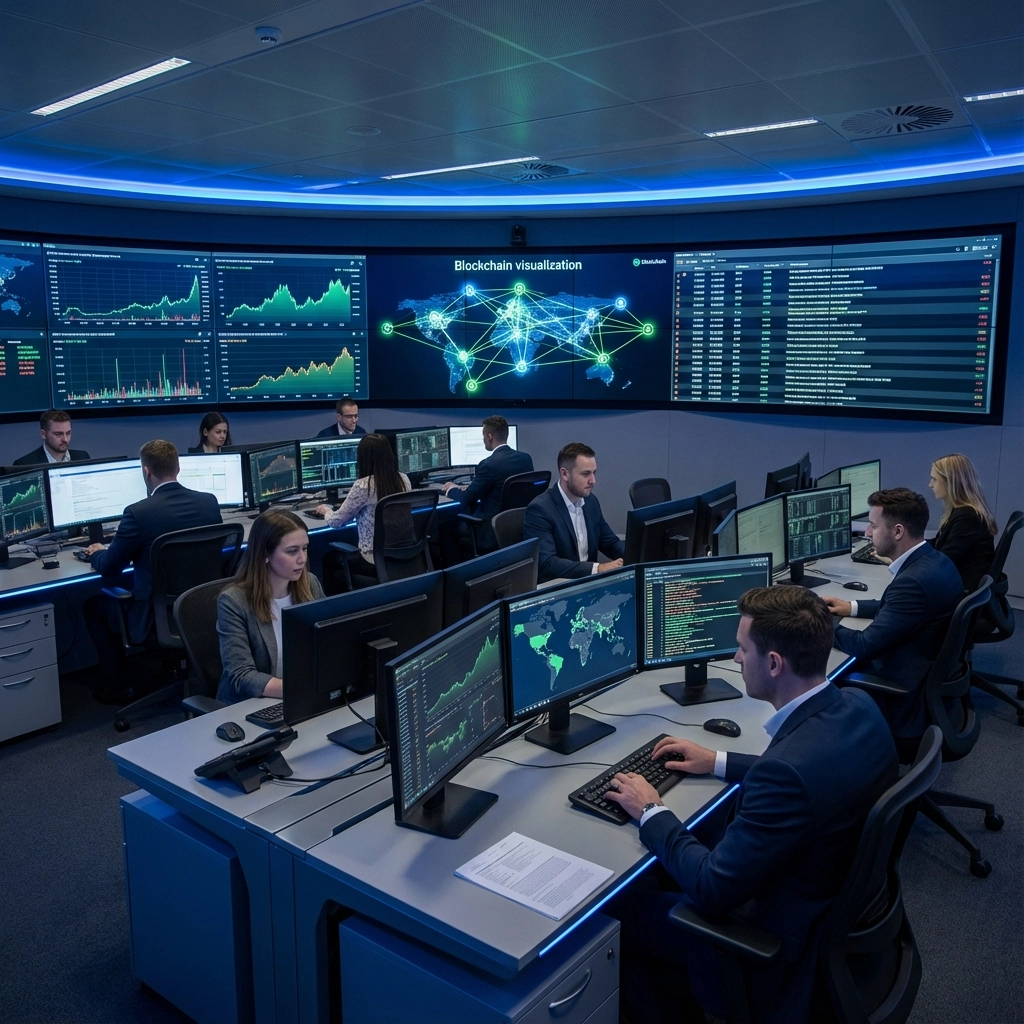 Mid image: abstract blockchain network visualization — transaction monitoring crypto and crypto compliance software