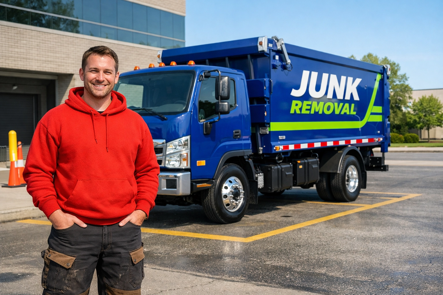 Junk GTA owner Roman at a commercial waste removal site in North York with a professional disposal truck.