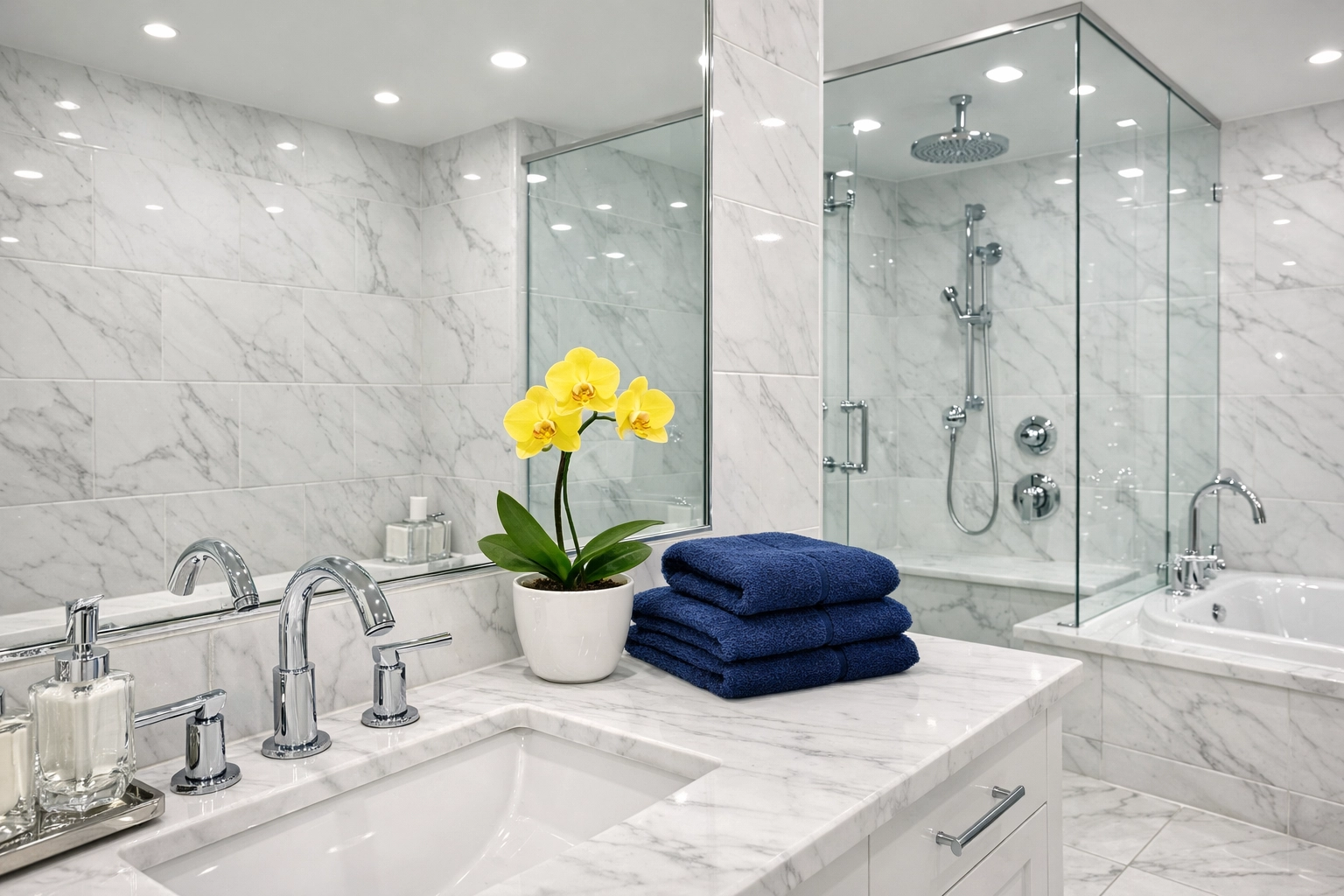 A sparkling clean luxury bathroom following a professional deep clean service.