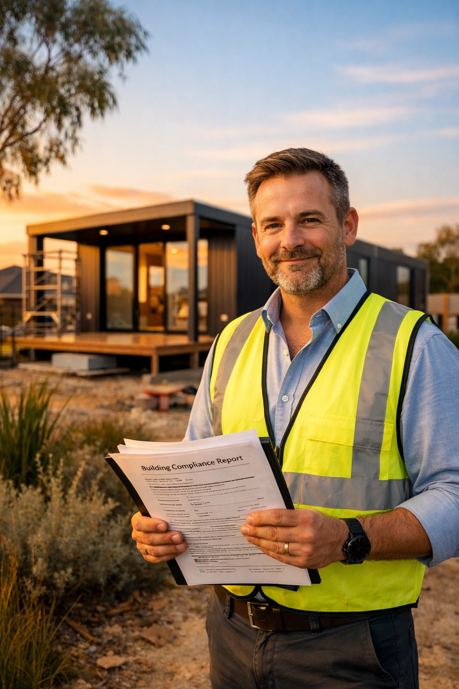 Building certifier reviewing compliance paperwork at modular home construction site