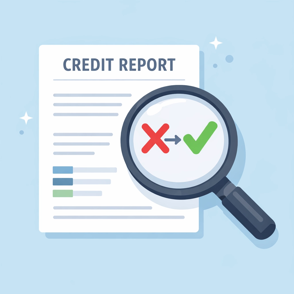 Lupa revisando reporte de crédito para eliminar errores y mejorar el score crediticio.