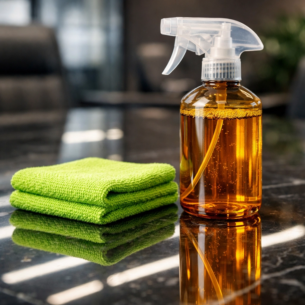 Eco-friendly commercial cleaning products on a streak-free marble table in a Tampa Florida office.