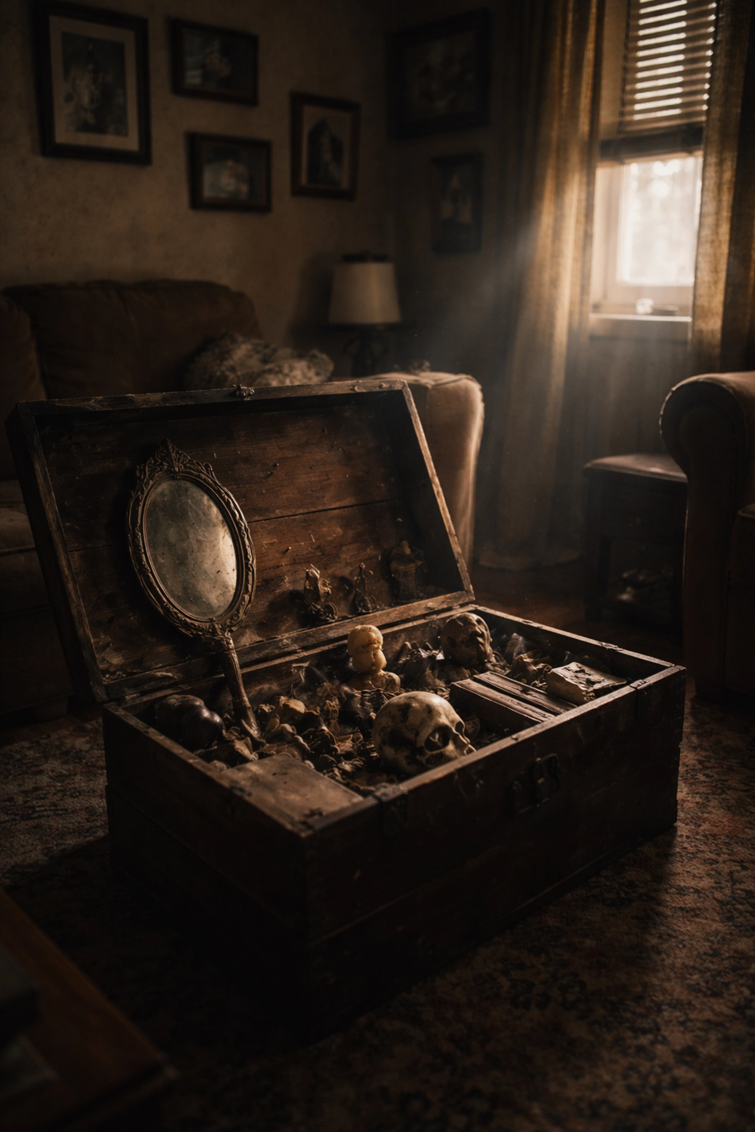 Dimly lit living room with mysterious antique objects symbolizing household witchcraft and spiritual portals