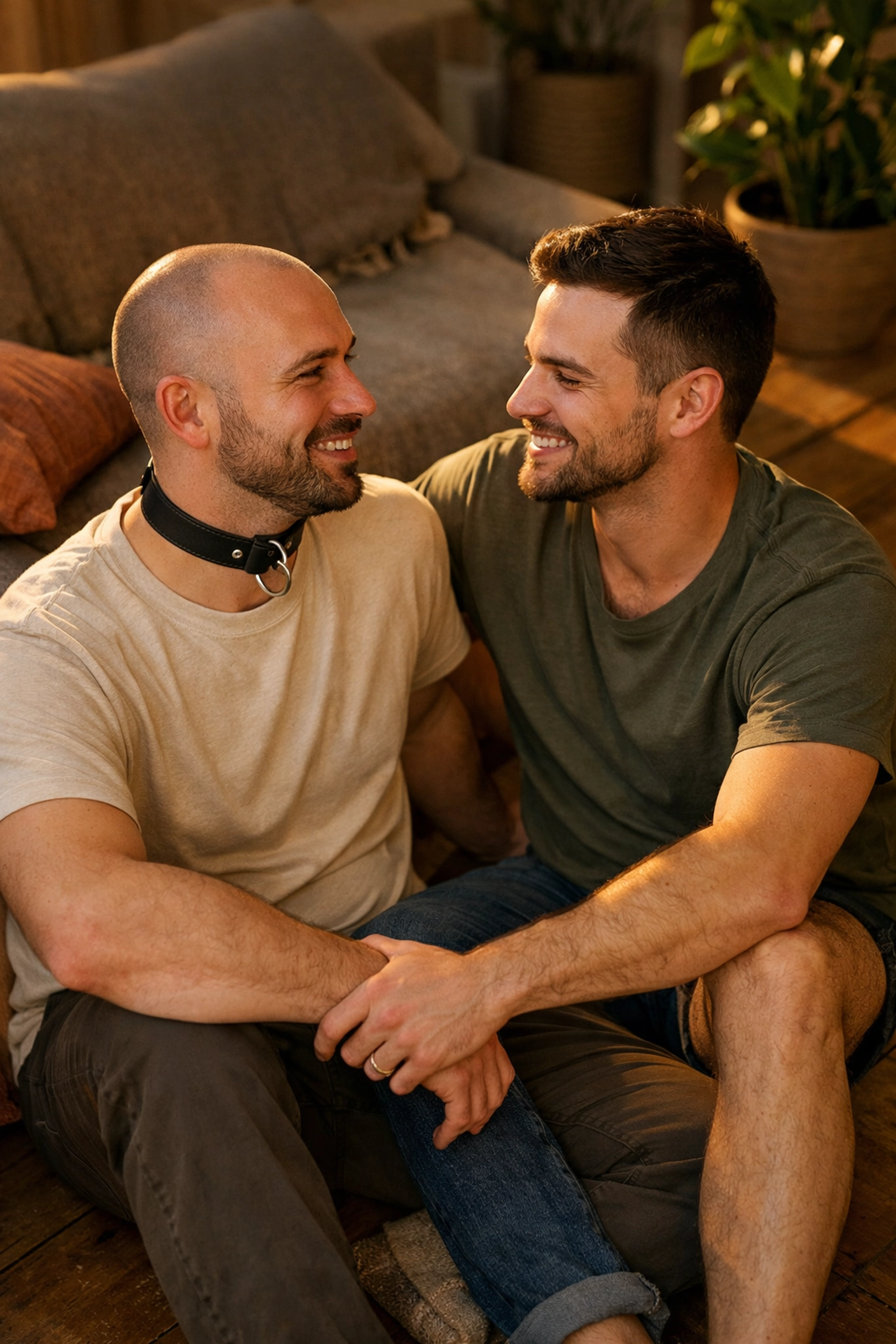 Two queer men sharing an intimate moment exploring puppy play identity at home