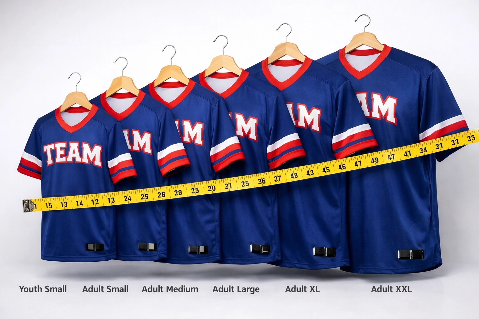 Multiple sizes of custom team jerseys from youth to adult with measuring tape