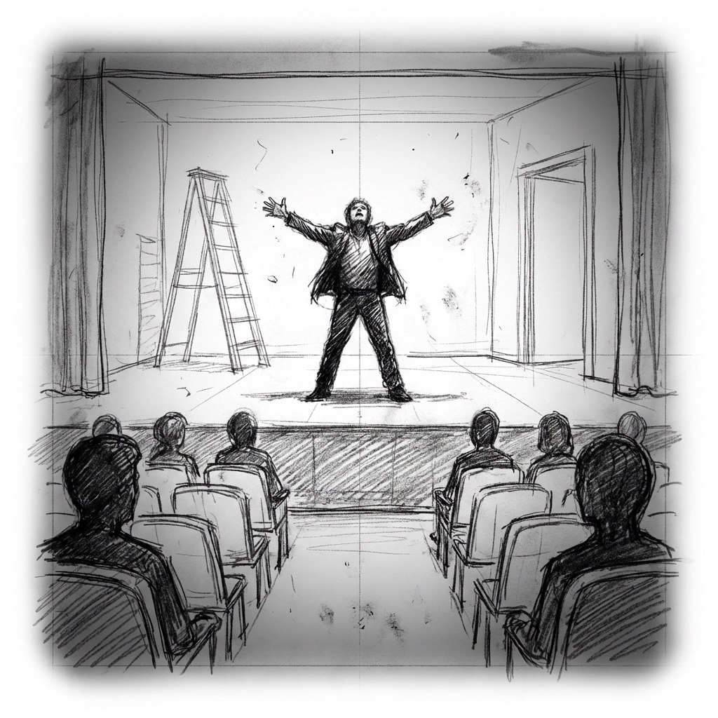 Minimalist pencil sketch of an actor on stage with outstretched arms, representing theatrical structure and climax.