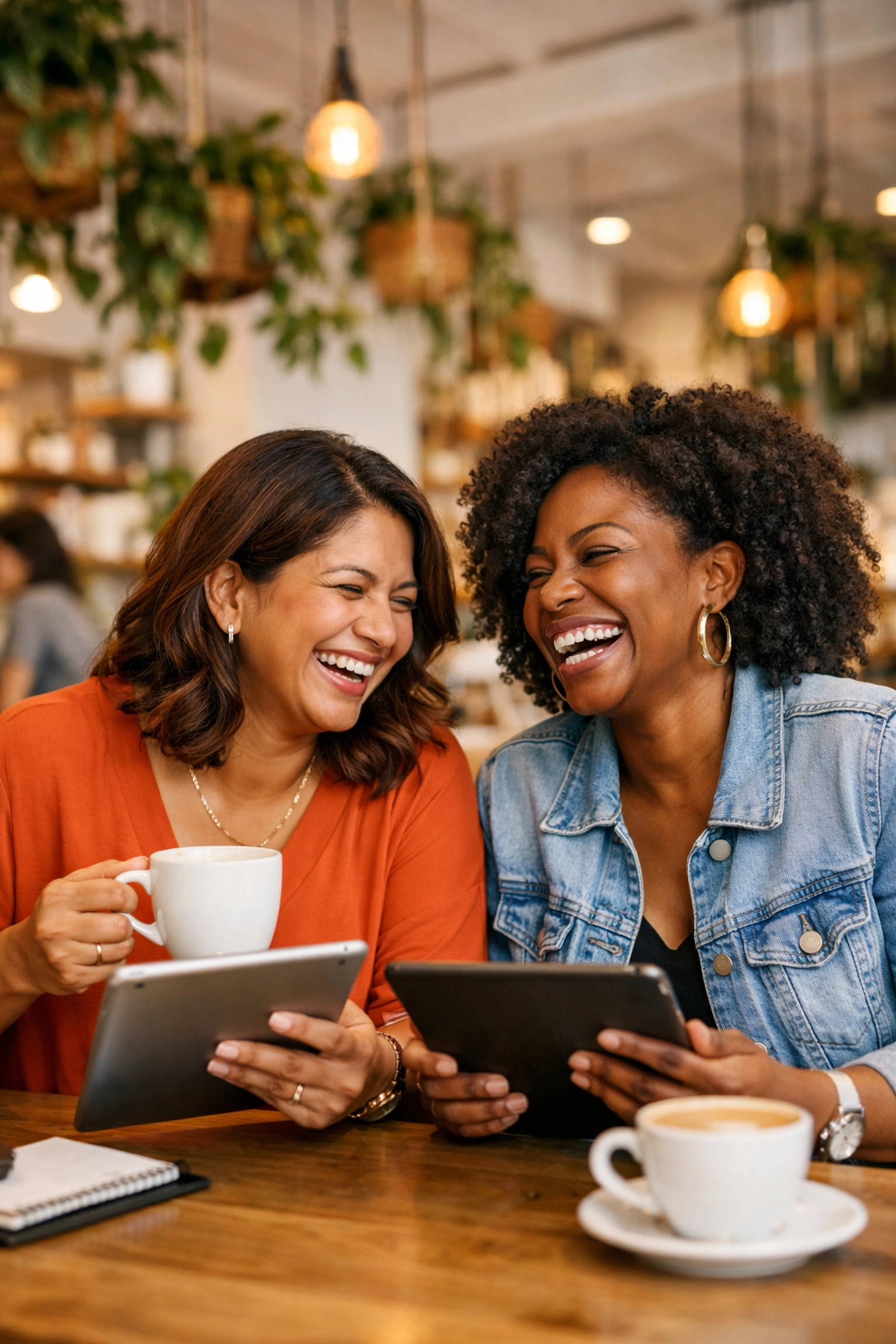 Two businesswomen connecting over coffee, illustrating the importance of community and sharing the load.
