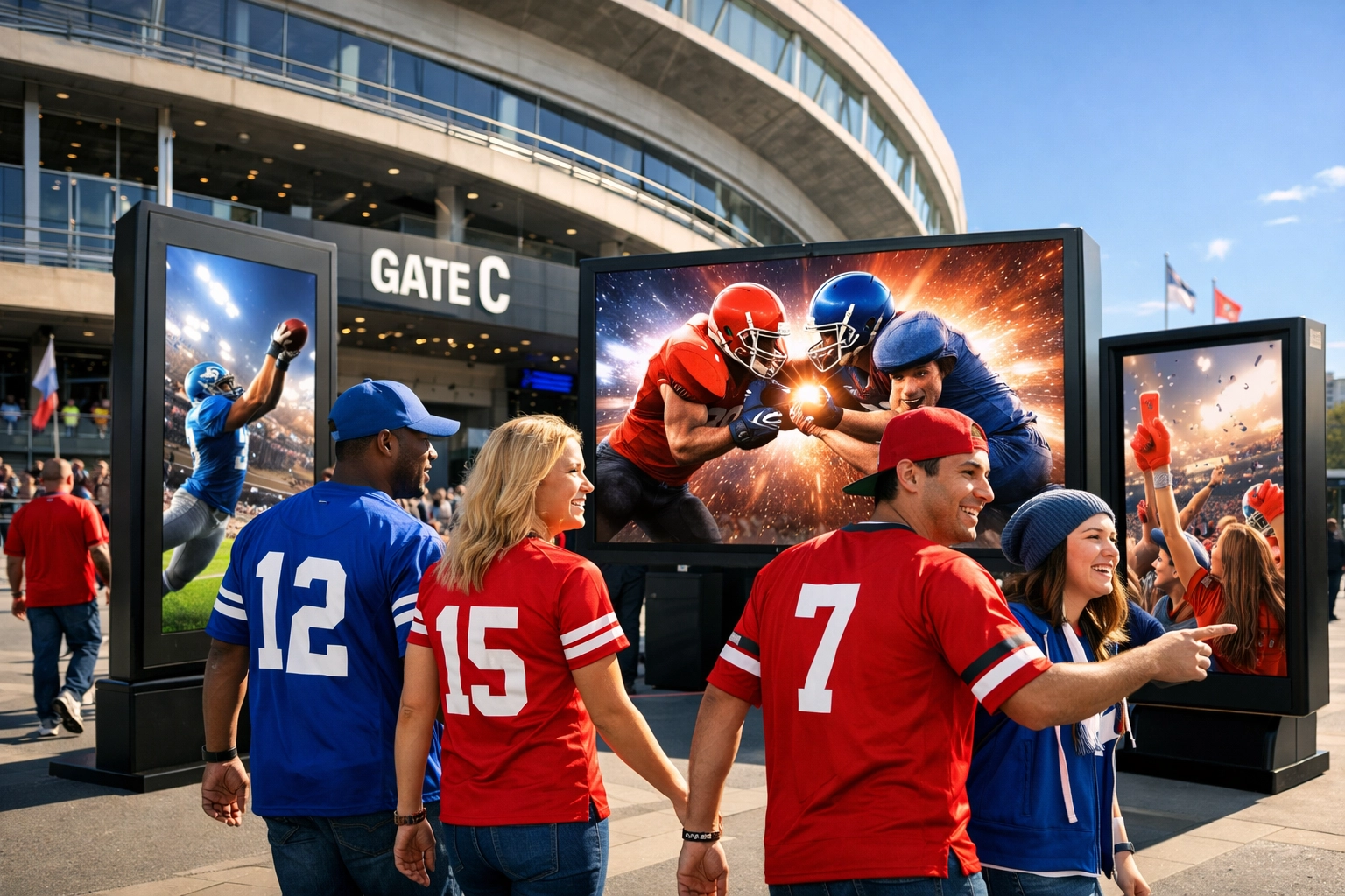 Sports fans walking past digital advertising screens and kiosks outside a modern stadium.