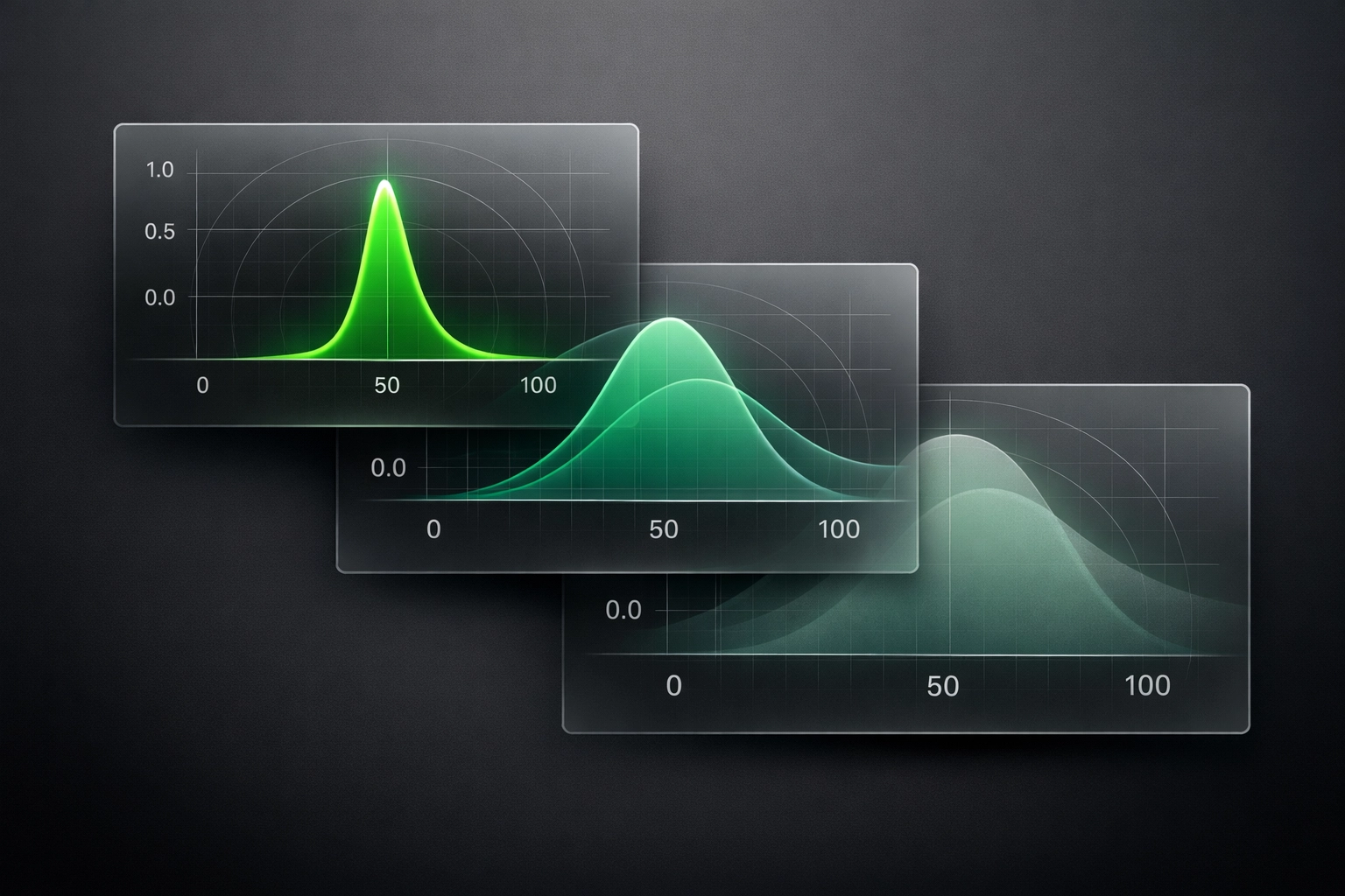 Three probability distribution curves showing narrow, medium and wide confidence intervals for bet sizing