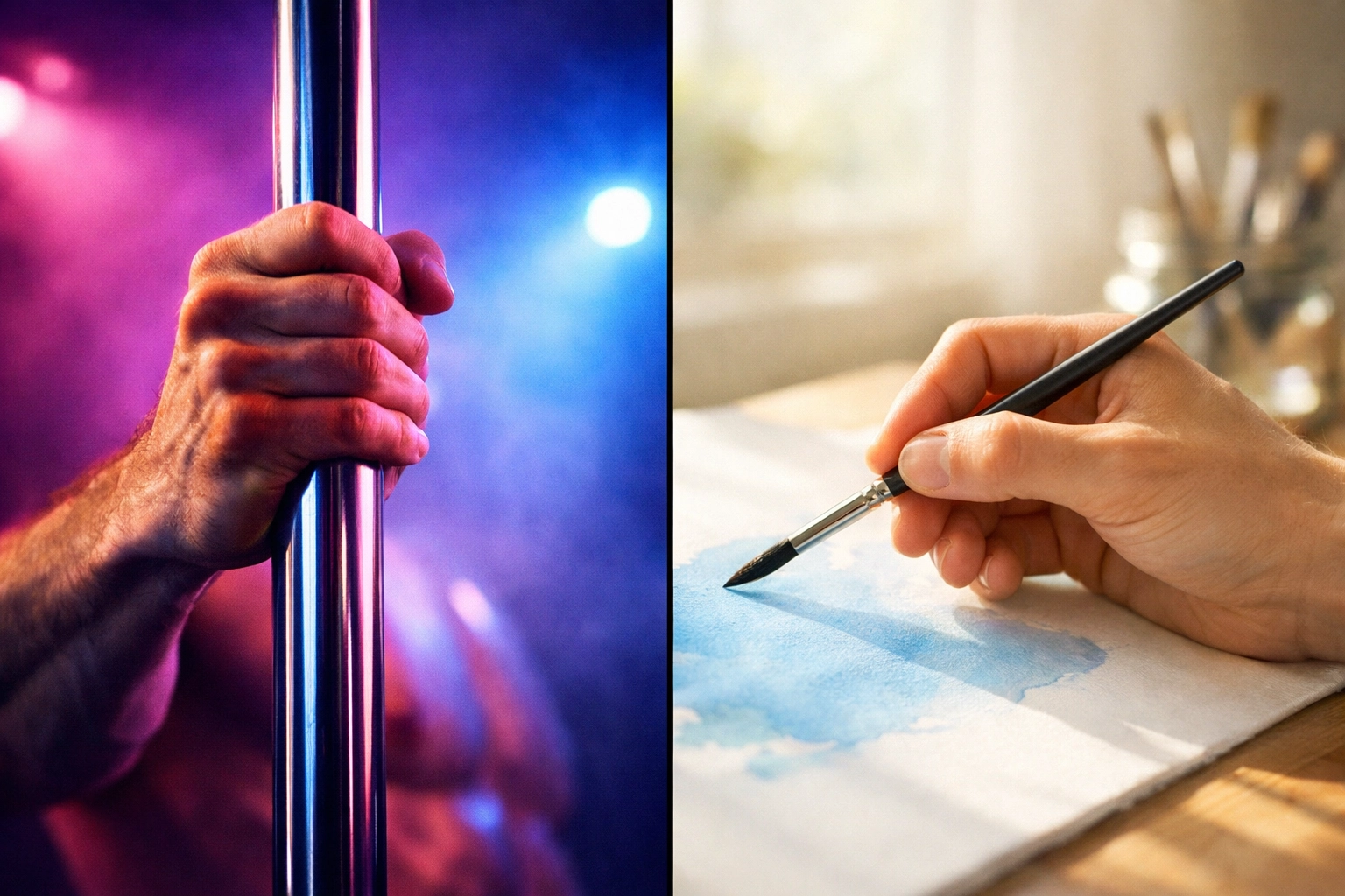 Split image of a gay dancer's hand on a pole and an artist painting watercolors in an MM romance novel.