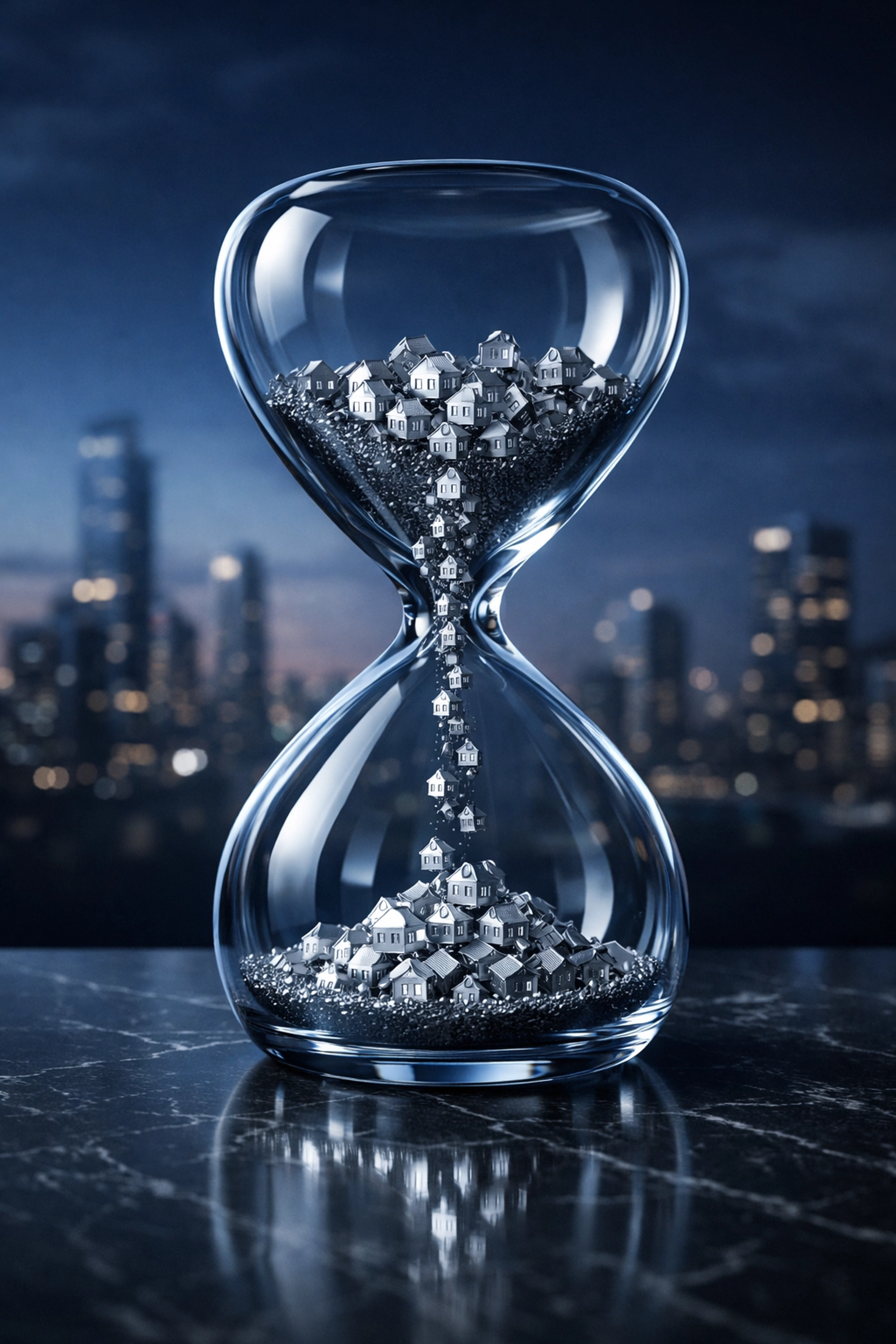 Hourglass with house icons illustrating the retention period and attrition tracking in a property management deal.