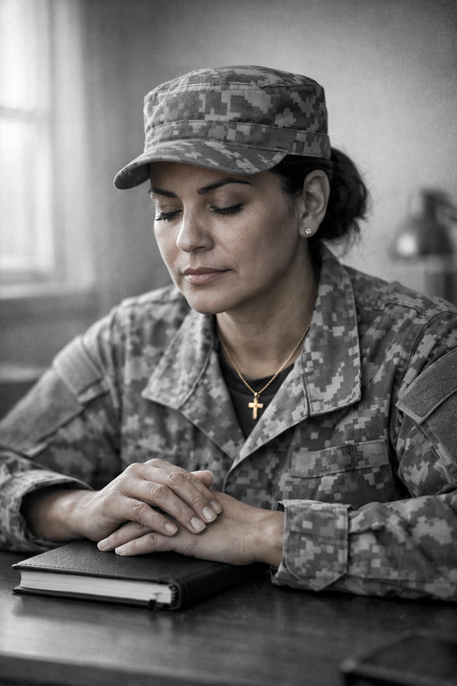Latina veteran of color in a modern office, showing faith-based leadership and quiet reflection.