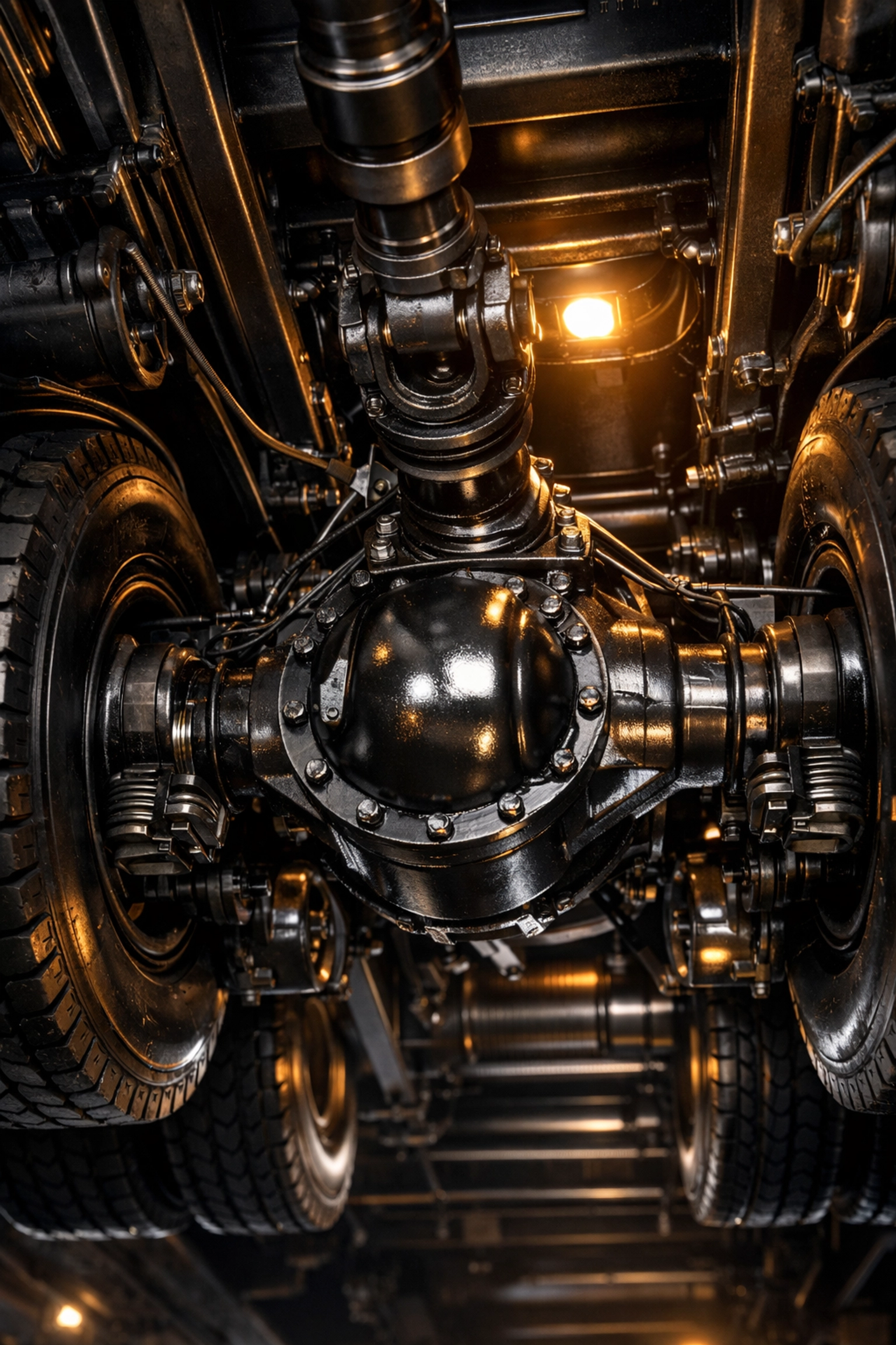 Underside of a semi-truck showing lubricated axles, a key part of commercial truck maintenance.