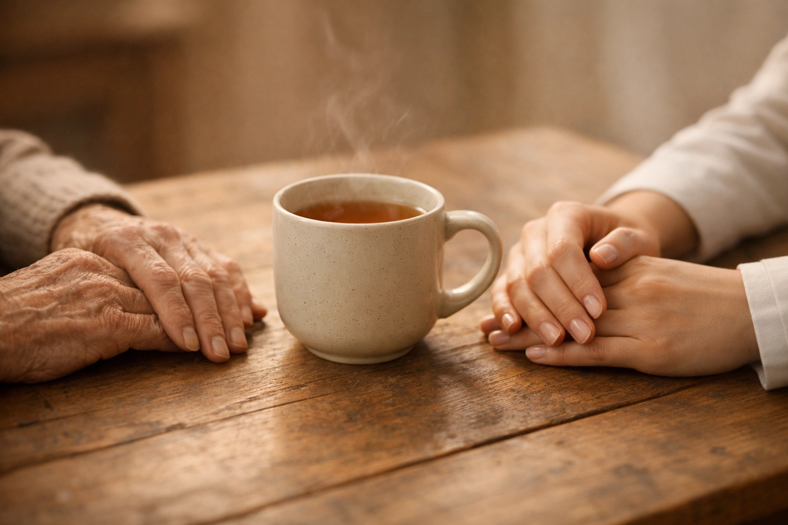 Supportive hands of a therapist and an older adult sharing a connection during a session.