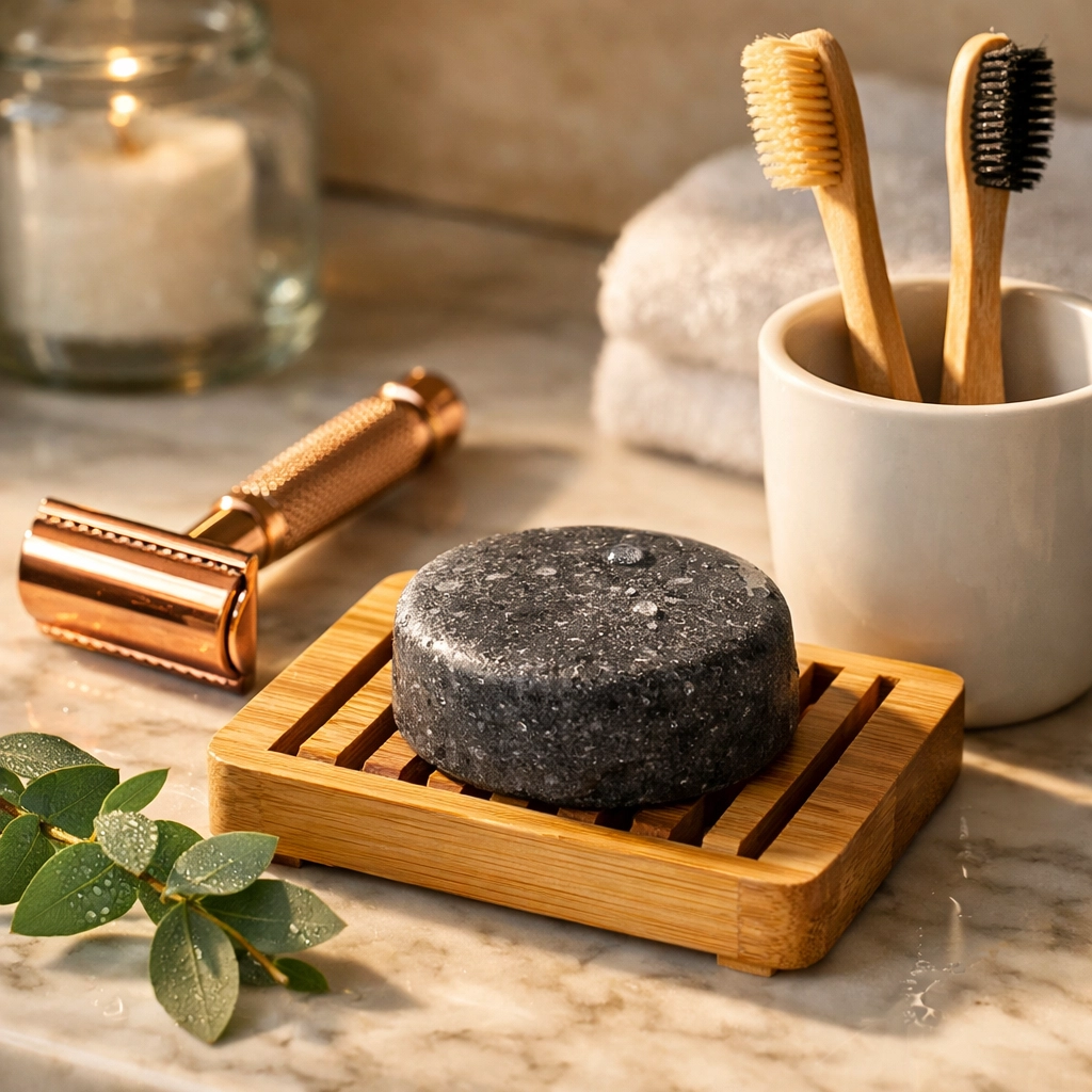 Eco-friendly bathroom vanity with a metal safety razor, shampoo bar, and bamboo toothbrushes for plastic-free care.