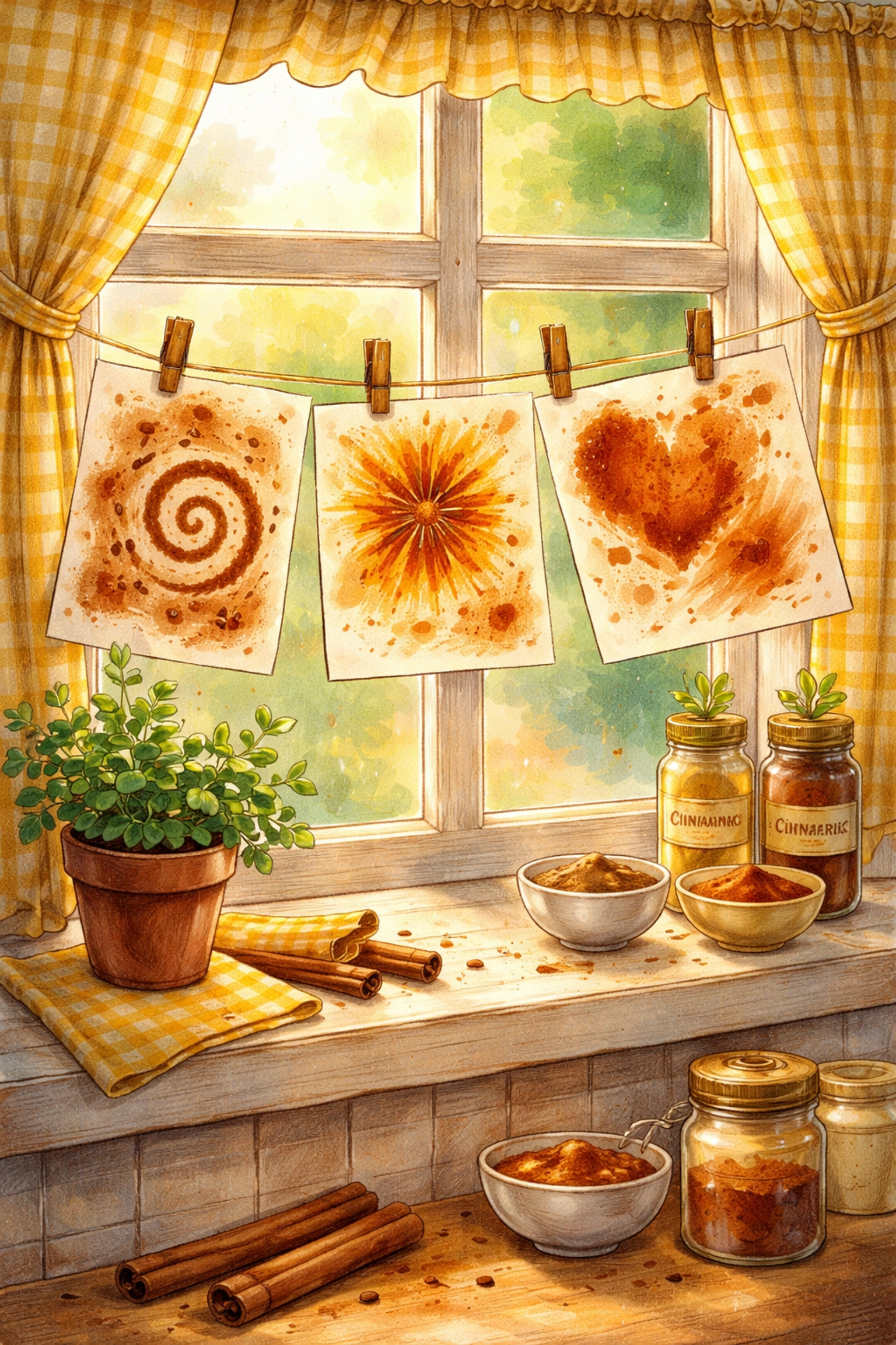 Finished kids spice paintings drying on a sunny windowsill beside a potted plant