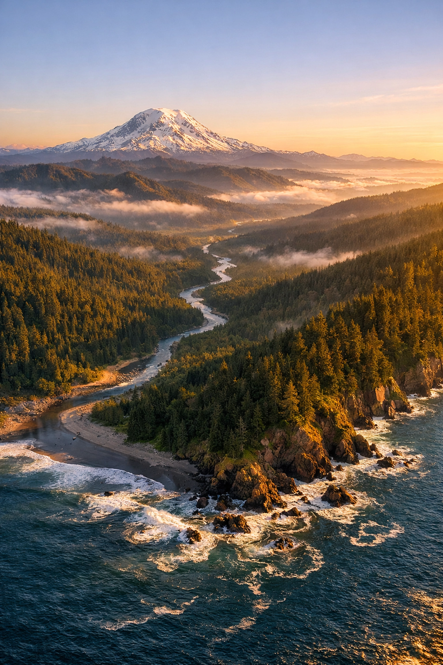 Panoramic view of Mount Rainier and the PNW coast illustrating the ridge-to-reef ecosystem connection.