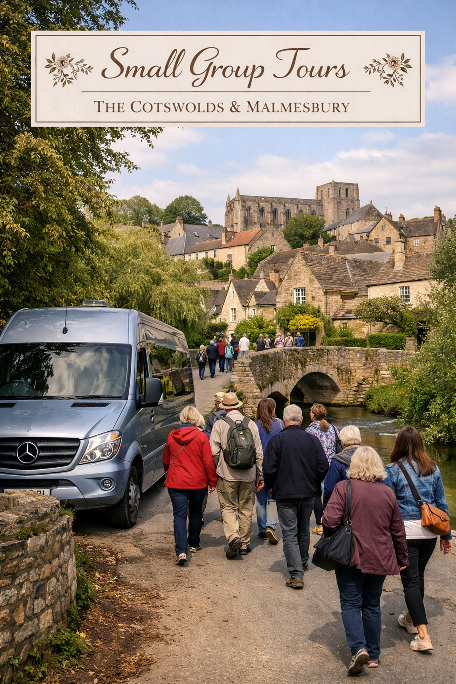 Small group tour travelers by a stone bridge over the River Avon in Malmesbury.