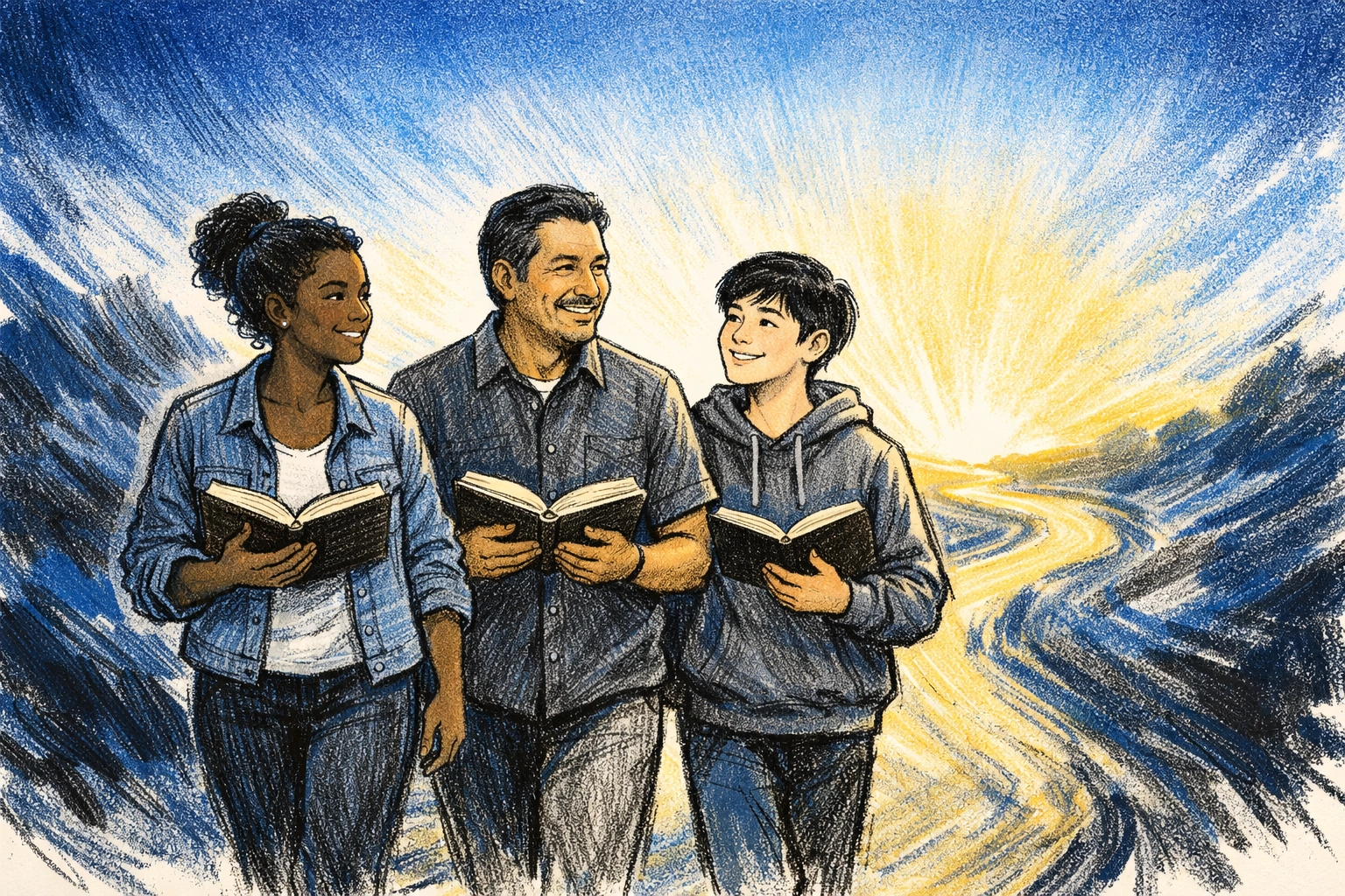 Diverse group of disciples walking together on a journey of following Jesus with Bibles in hand