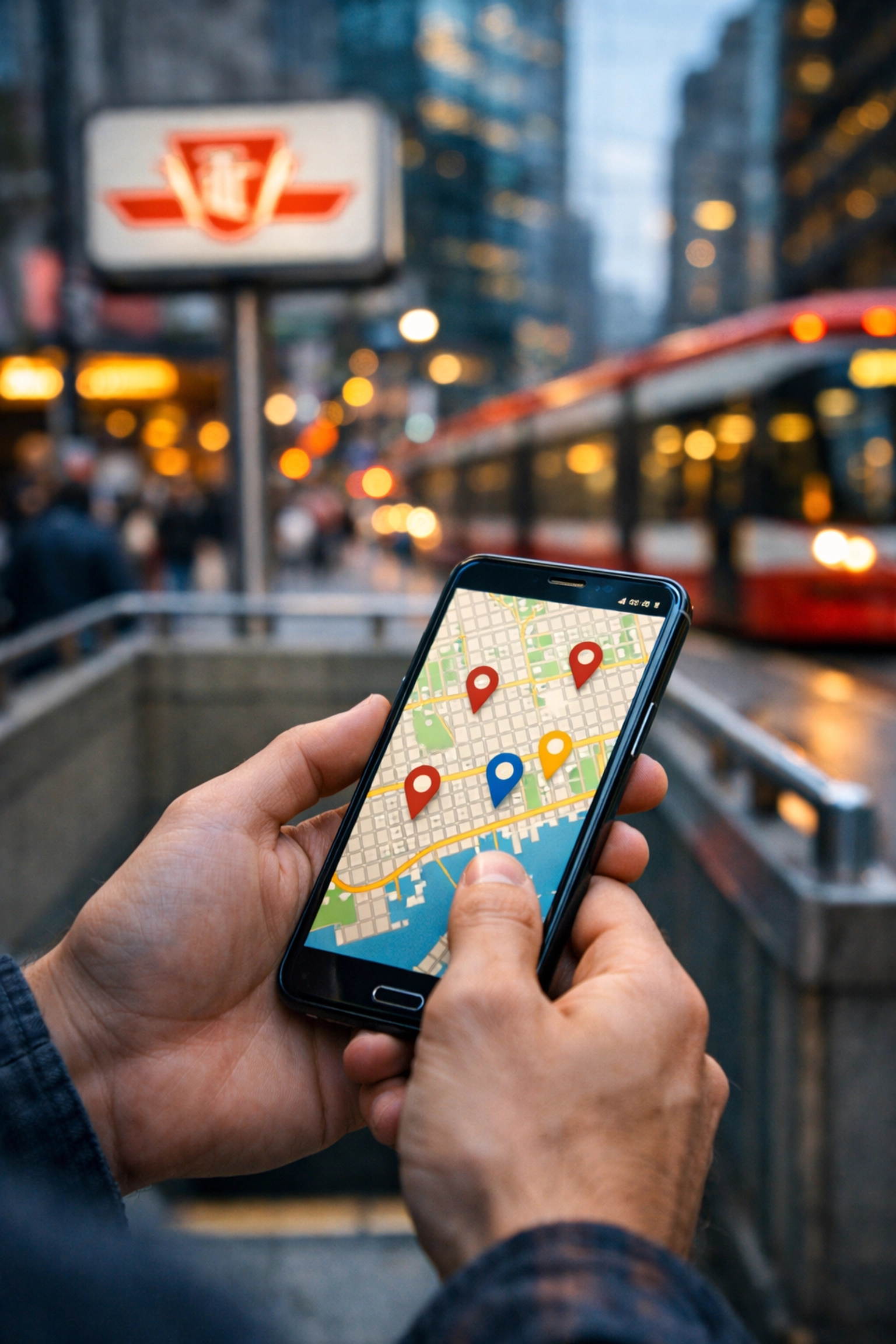 Close-up of a smartphone displaying local map search results in a busy Toronto neighborhood.