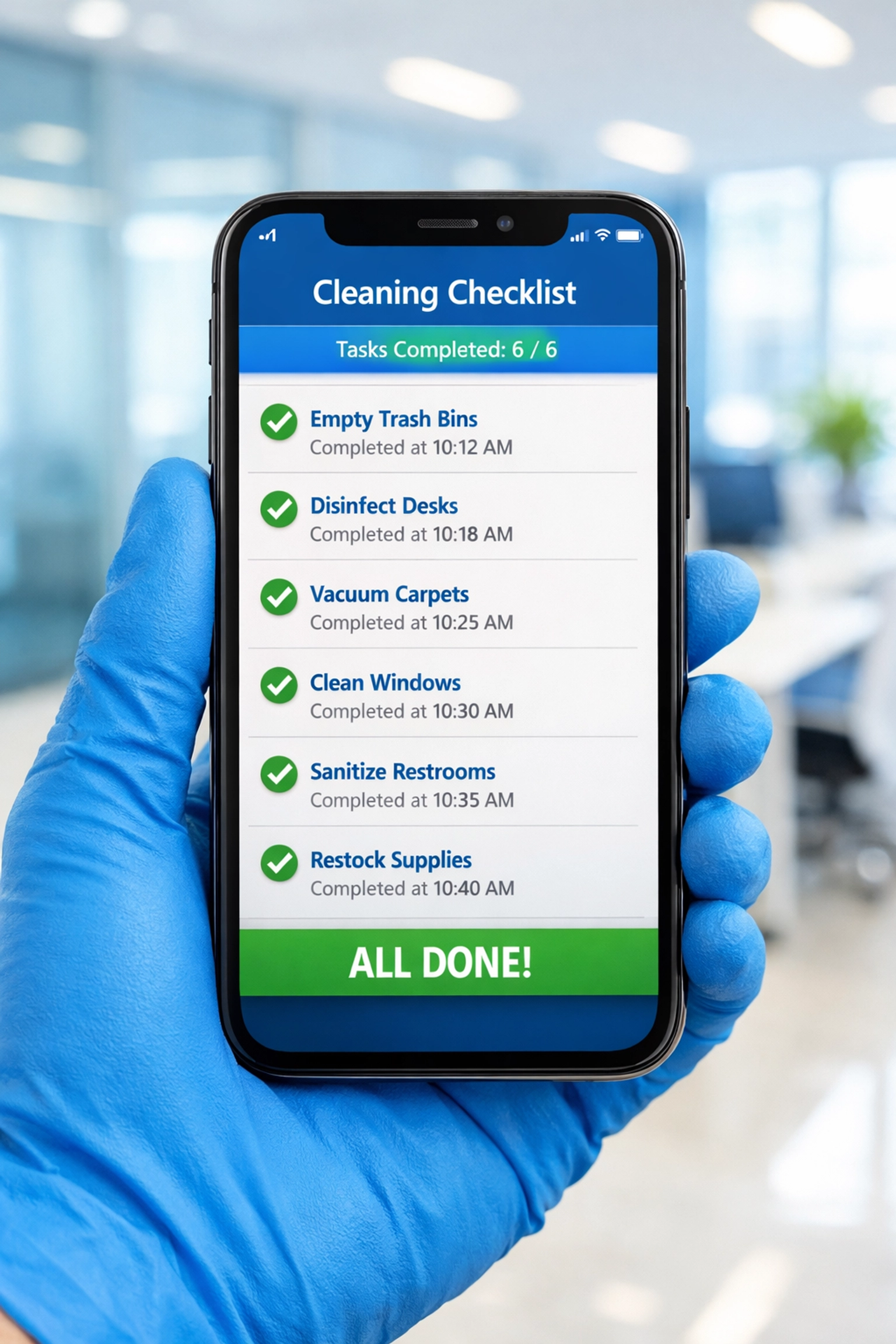 Digital cleaning checklist app on smartphone showing completed tasks and real-time performance tracking