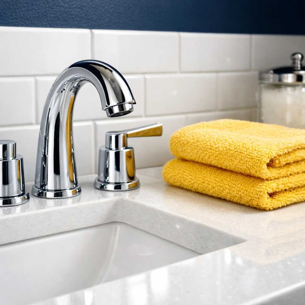 Sparkling guest bathroom vanity with polished chrome fixtures in a professionally cleaned Newton home.
