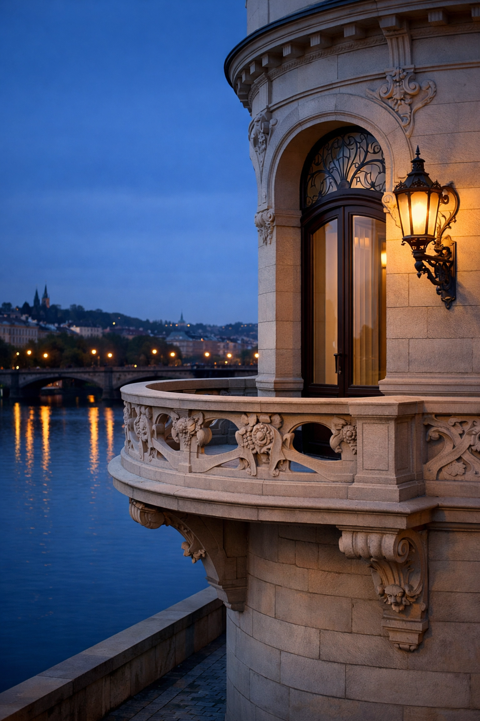 Restored Art Nouveau balcony in Prague at dusk, highlighting sophisticated luxury travel.