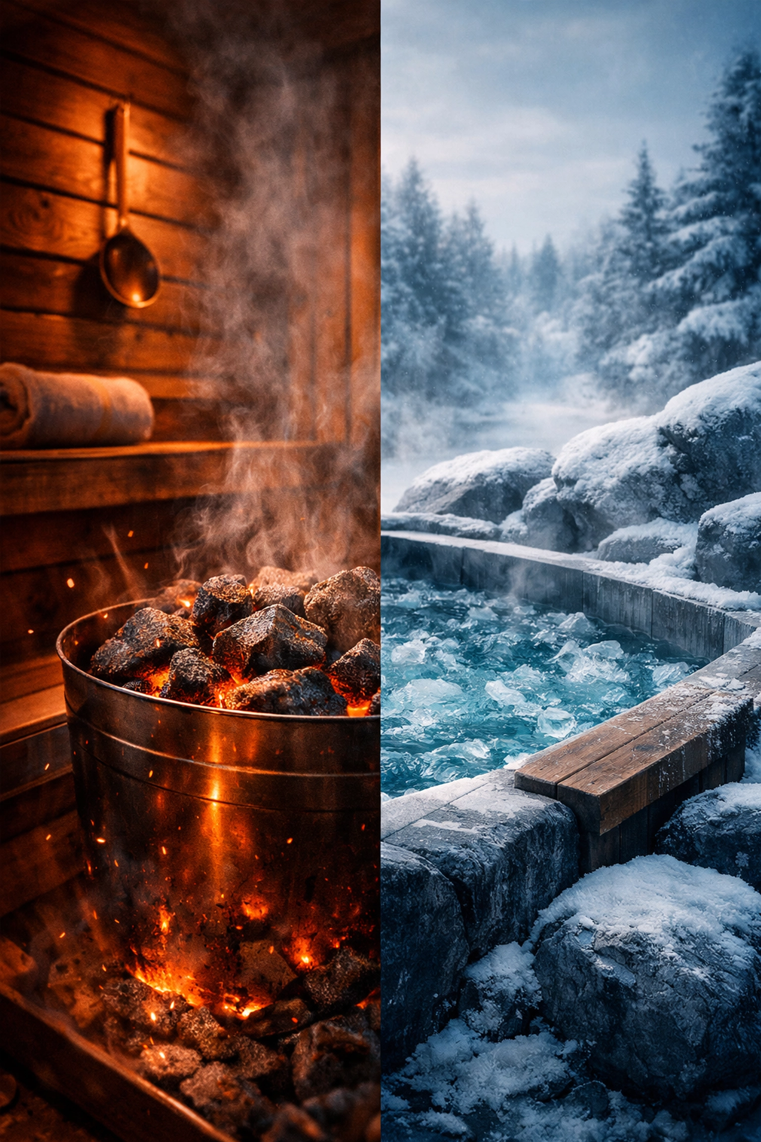 A sauna and cold plunge setup illustrating hormetic stress for cellular repair and recovery.
