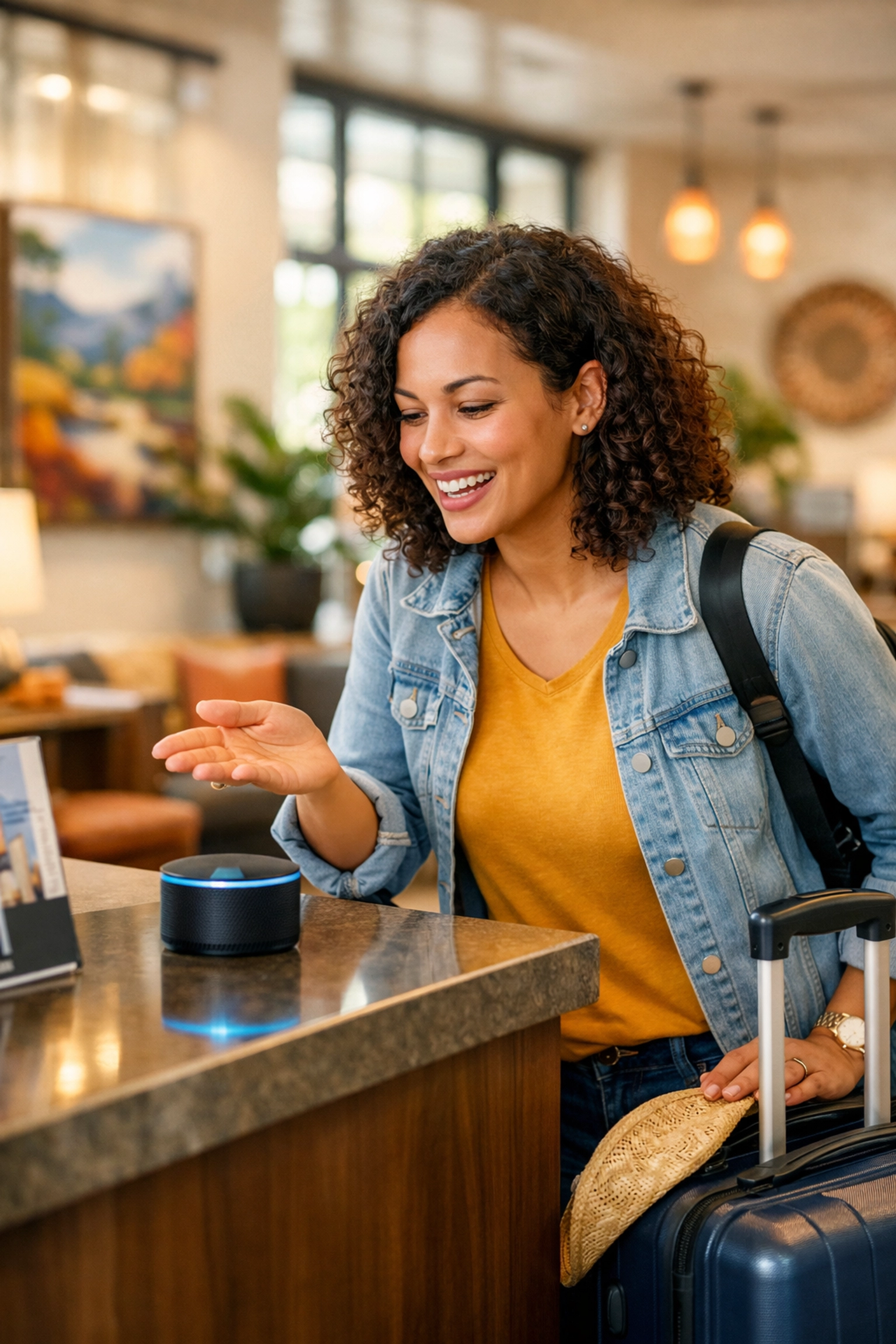 Hotel guest using voice AI device at regional hotel reception desk
